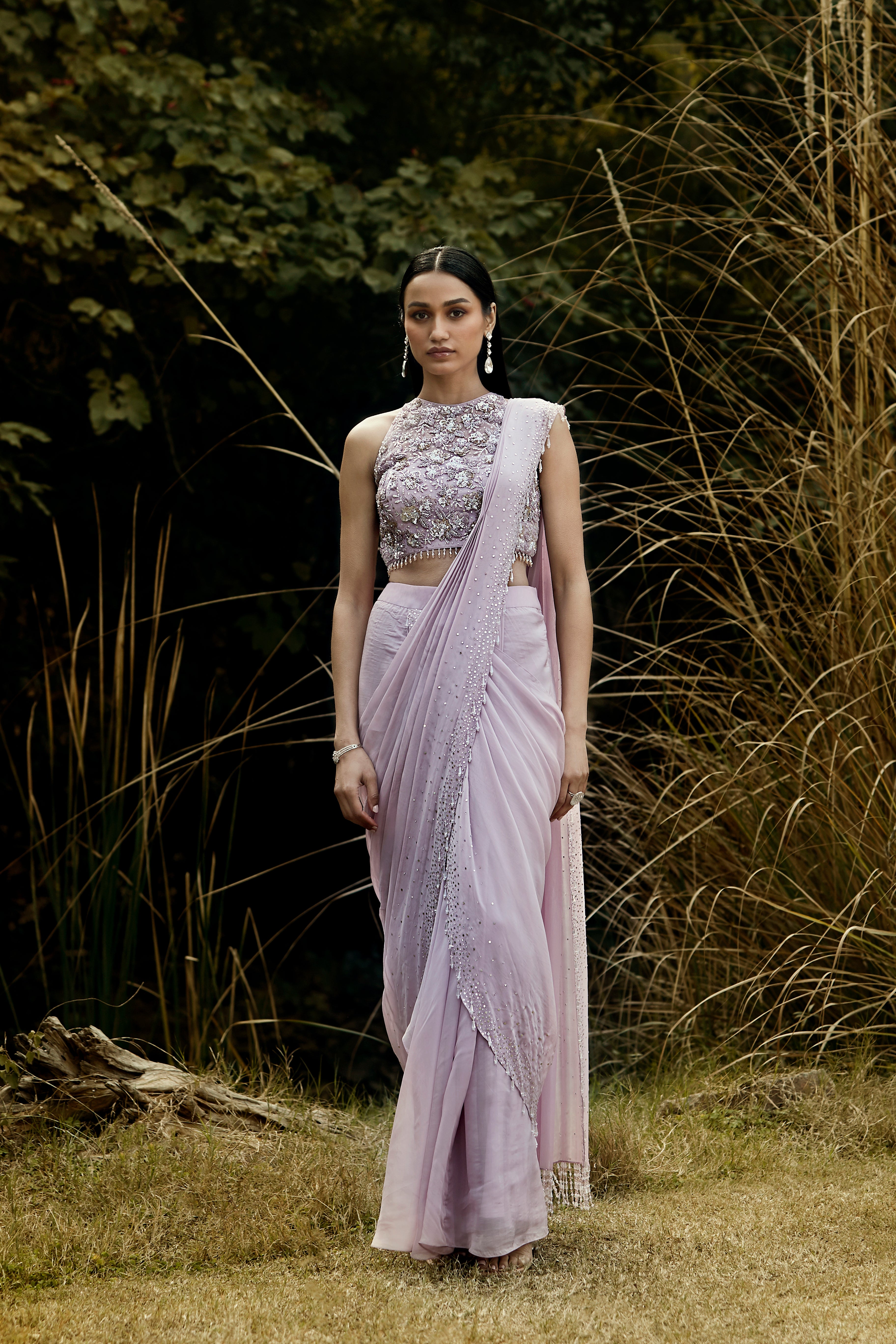 Lilac Embroidered Pre Draped Saree