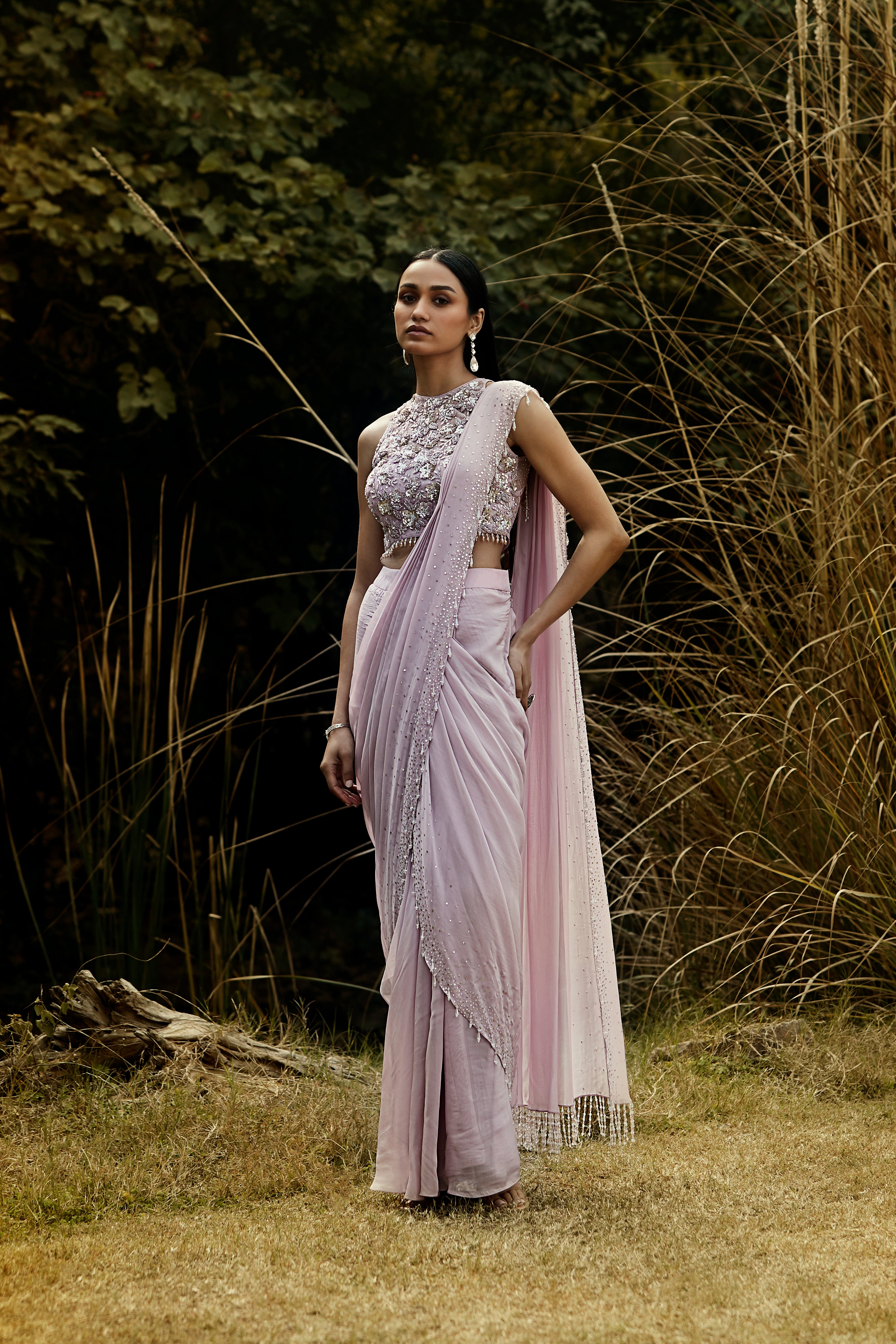 Lilac Embroidered Pre Draped Saree