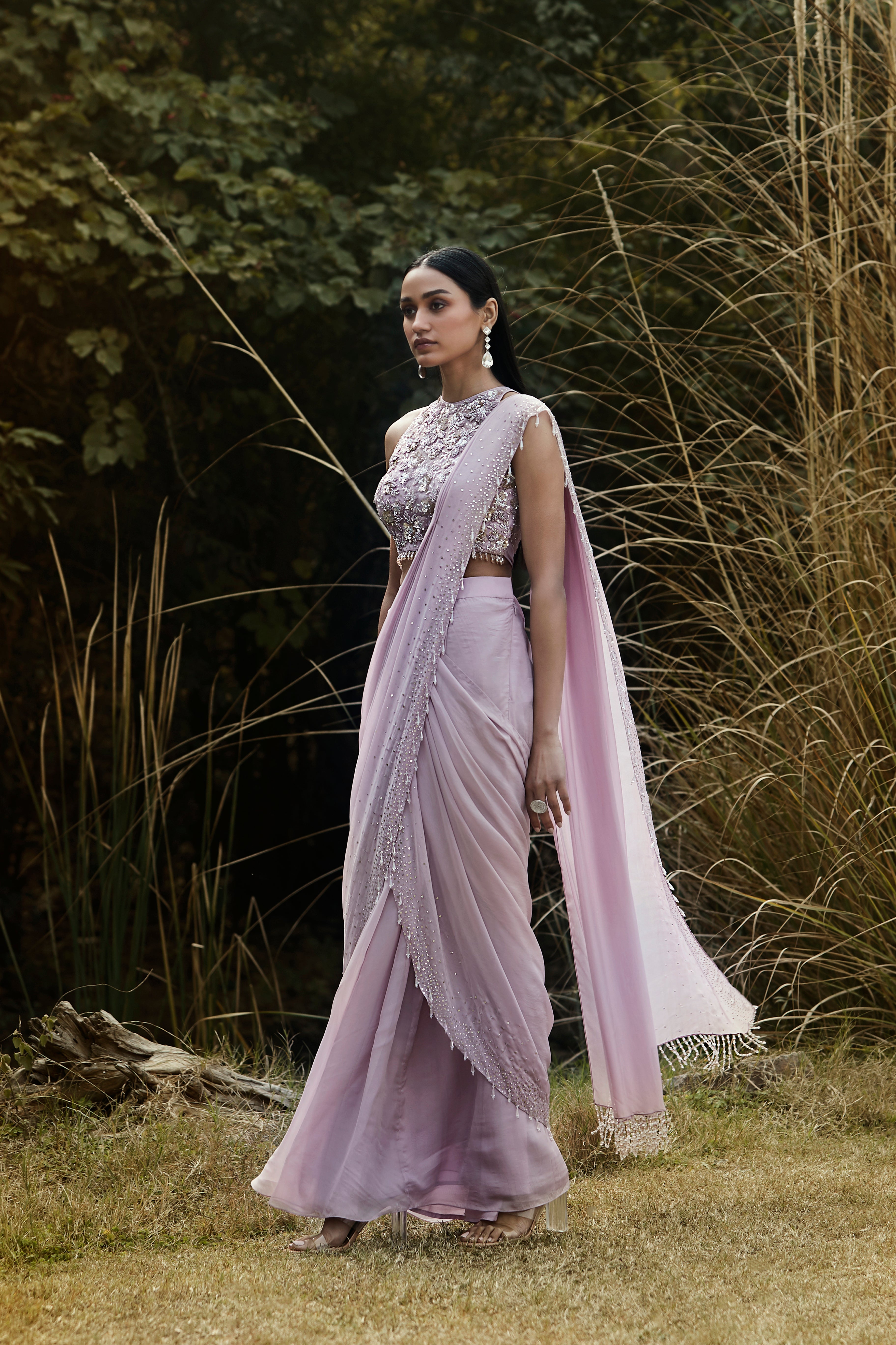 Lilac Embroidered Pre Draped Saree