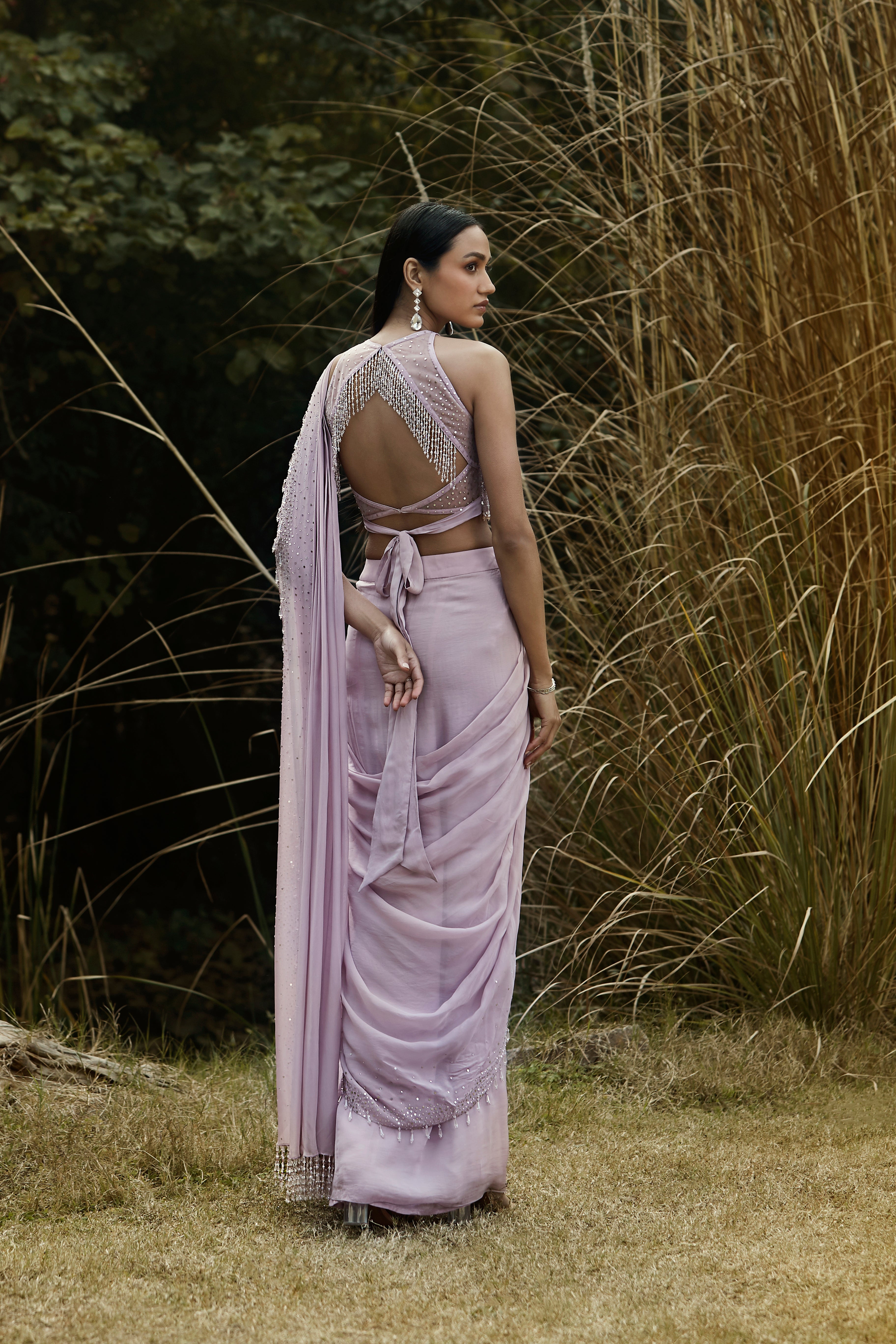 Lilac Embroidered Pre Draped Saree