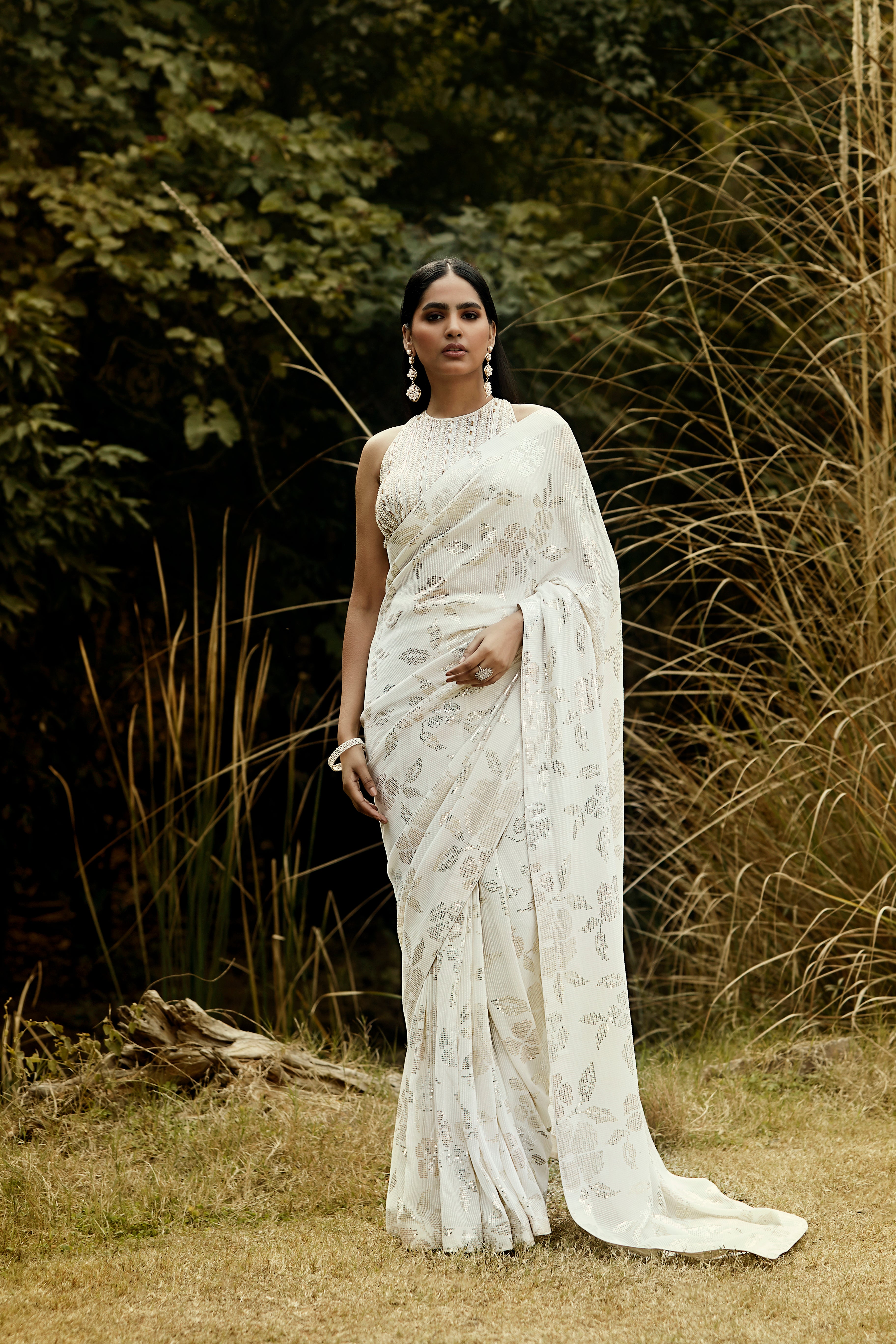 Ivory Sequins Pre Draped Saree