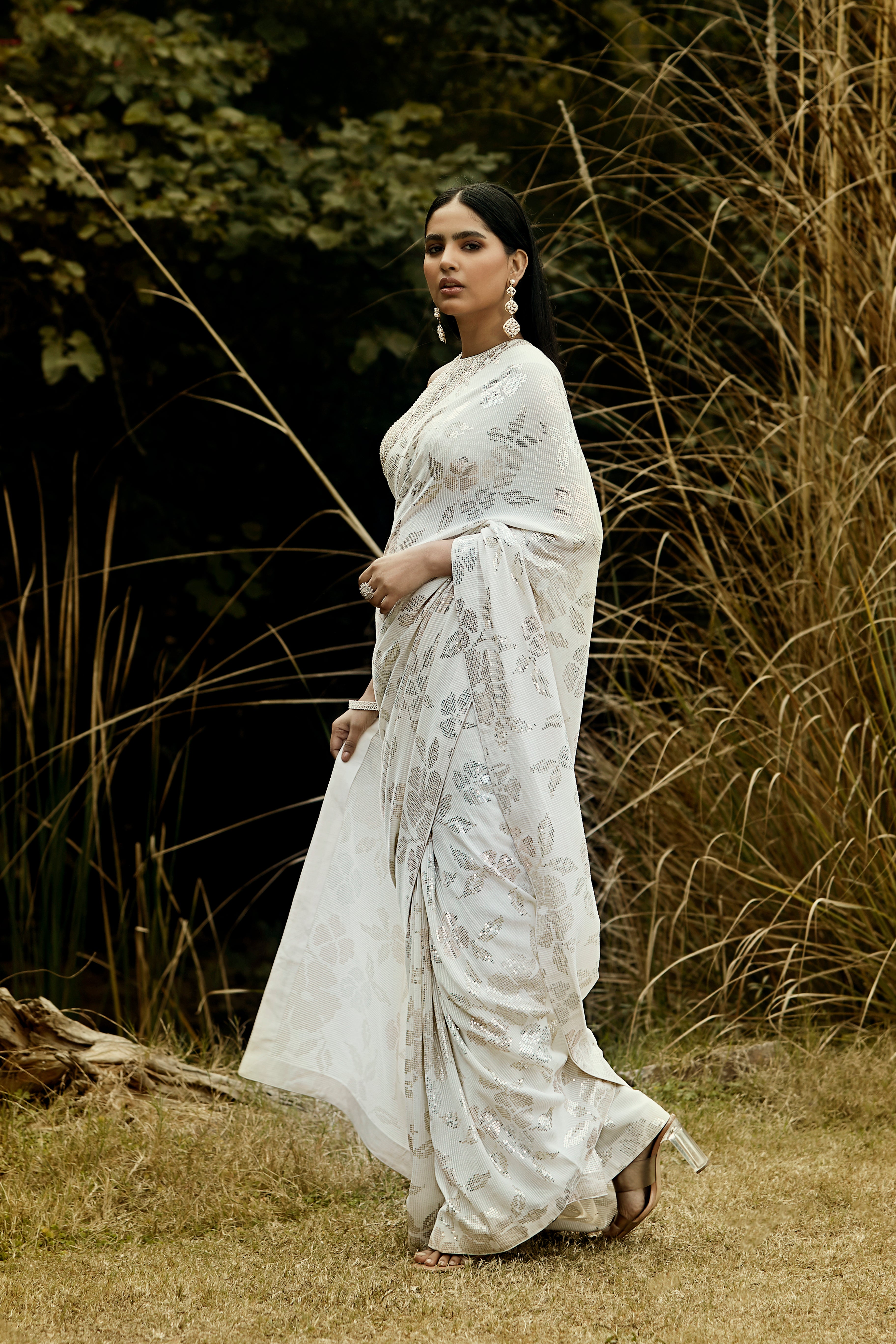 Ivory Sequins Pre Draped Saree