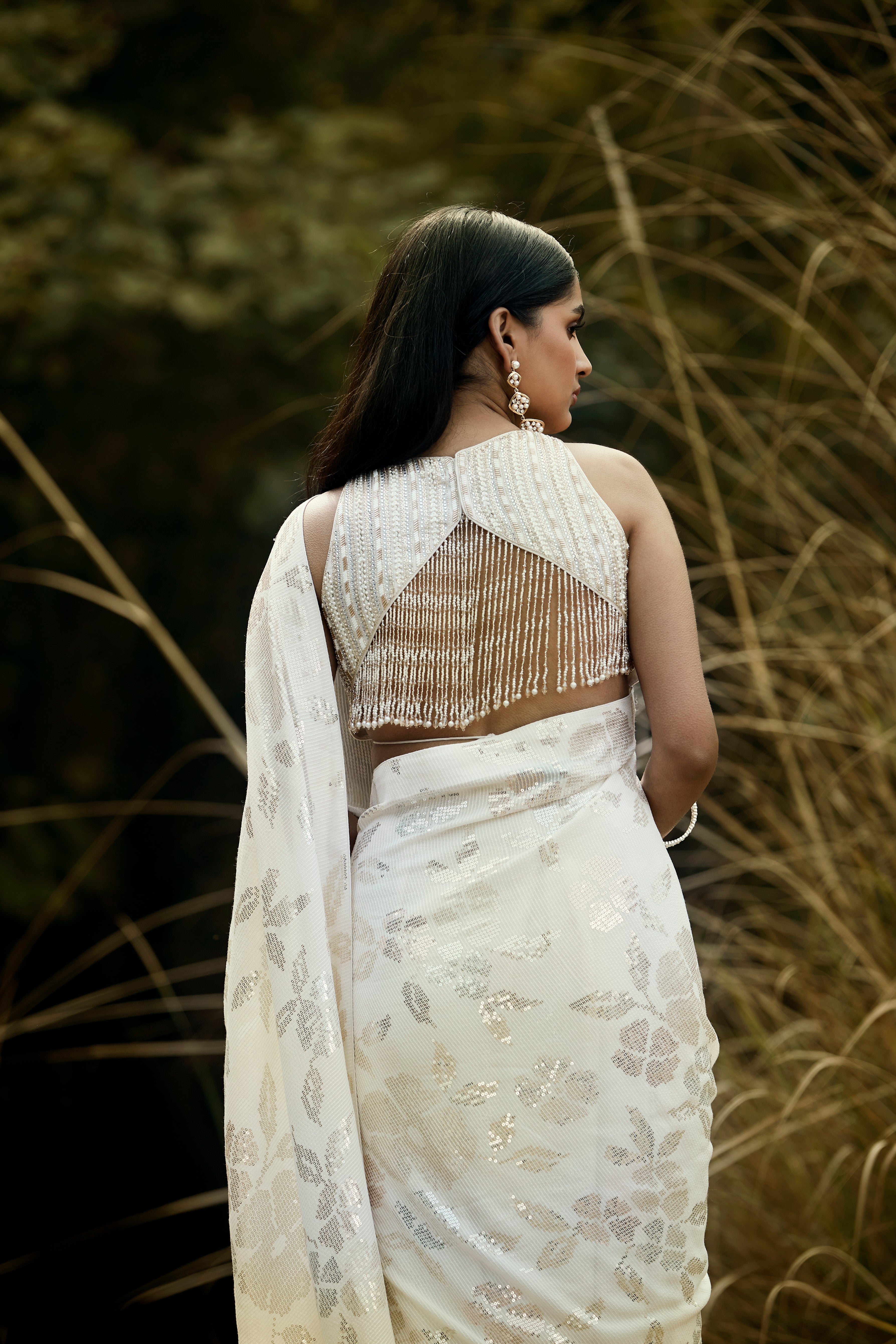 Ivory Sequins Pre Draped Saree