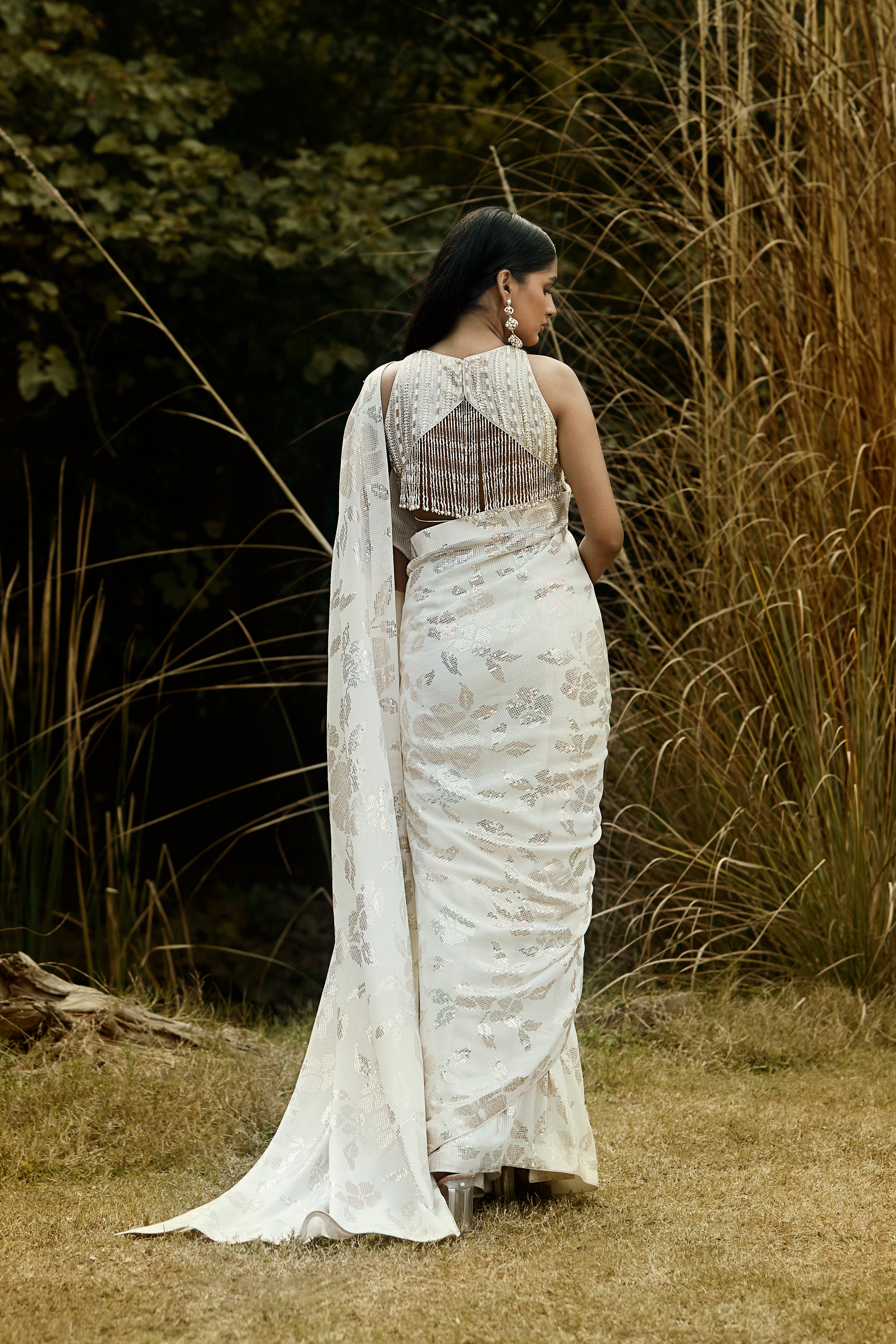 Ivory Sequins Pre Draped Saree