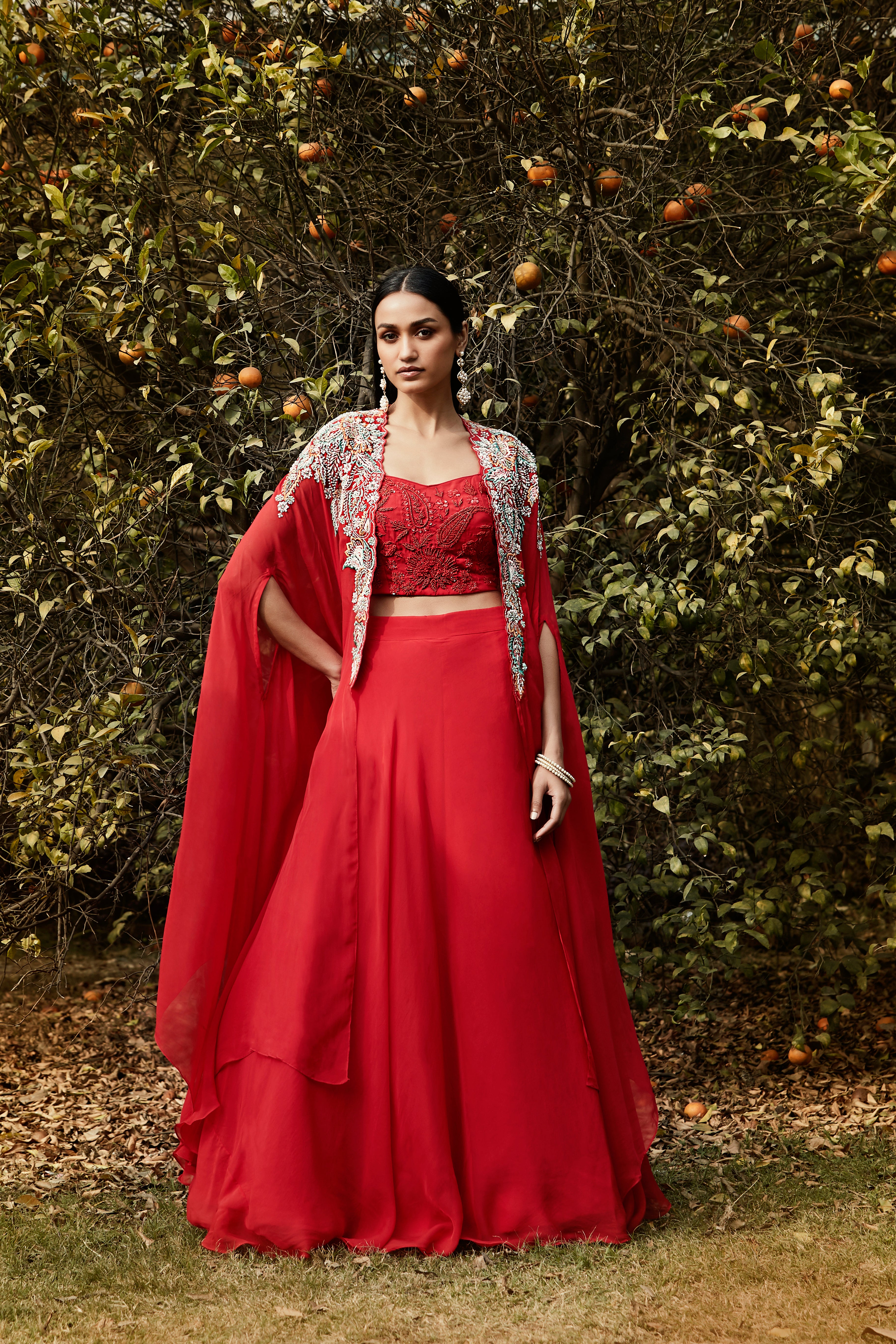 Red Embroidered Cape Set