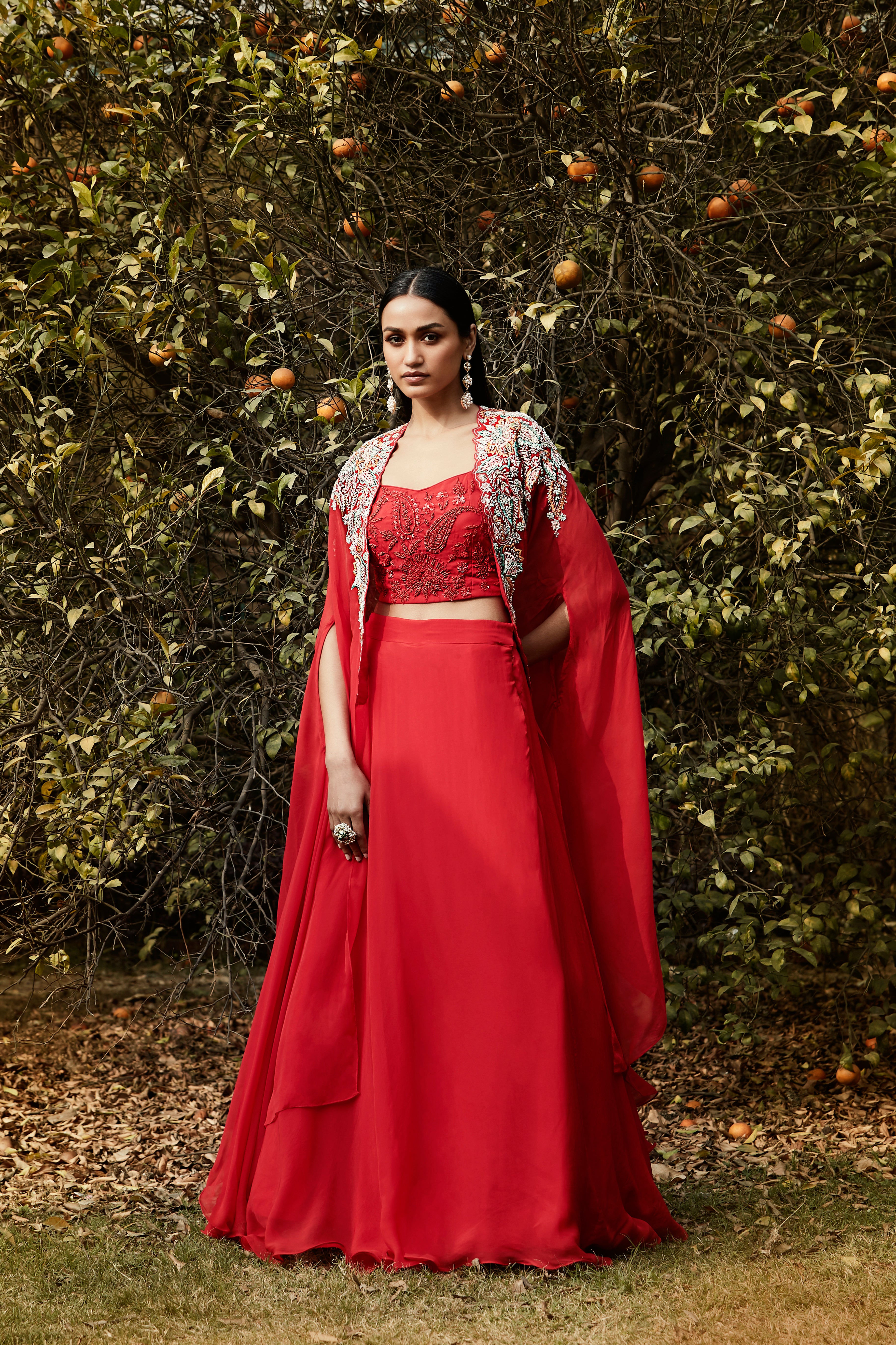 Red Embroidered Cape Set