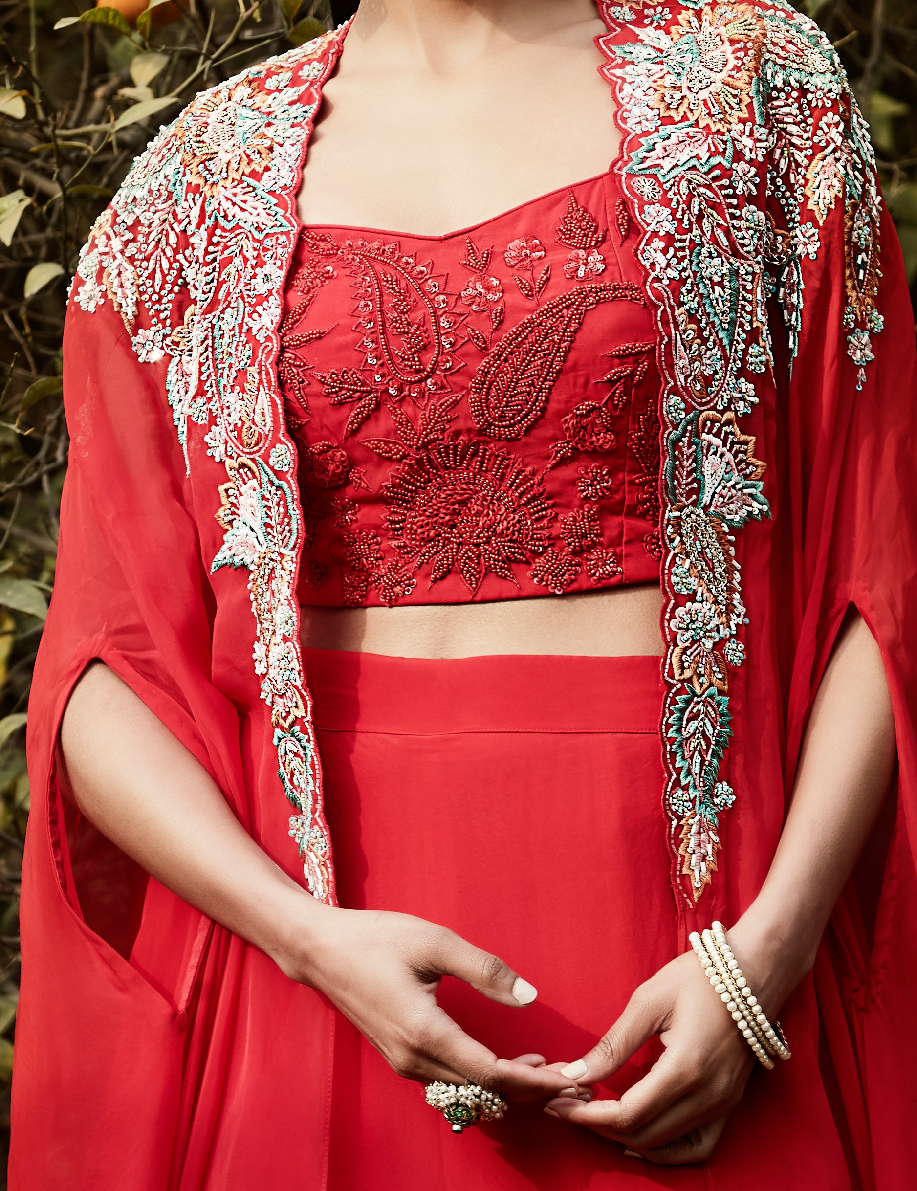 Red Embroidered Cape Set