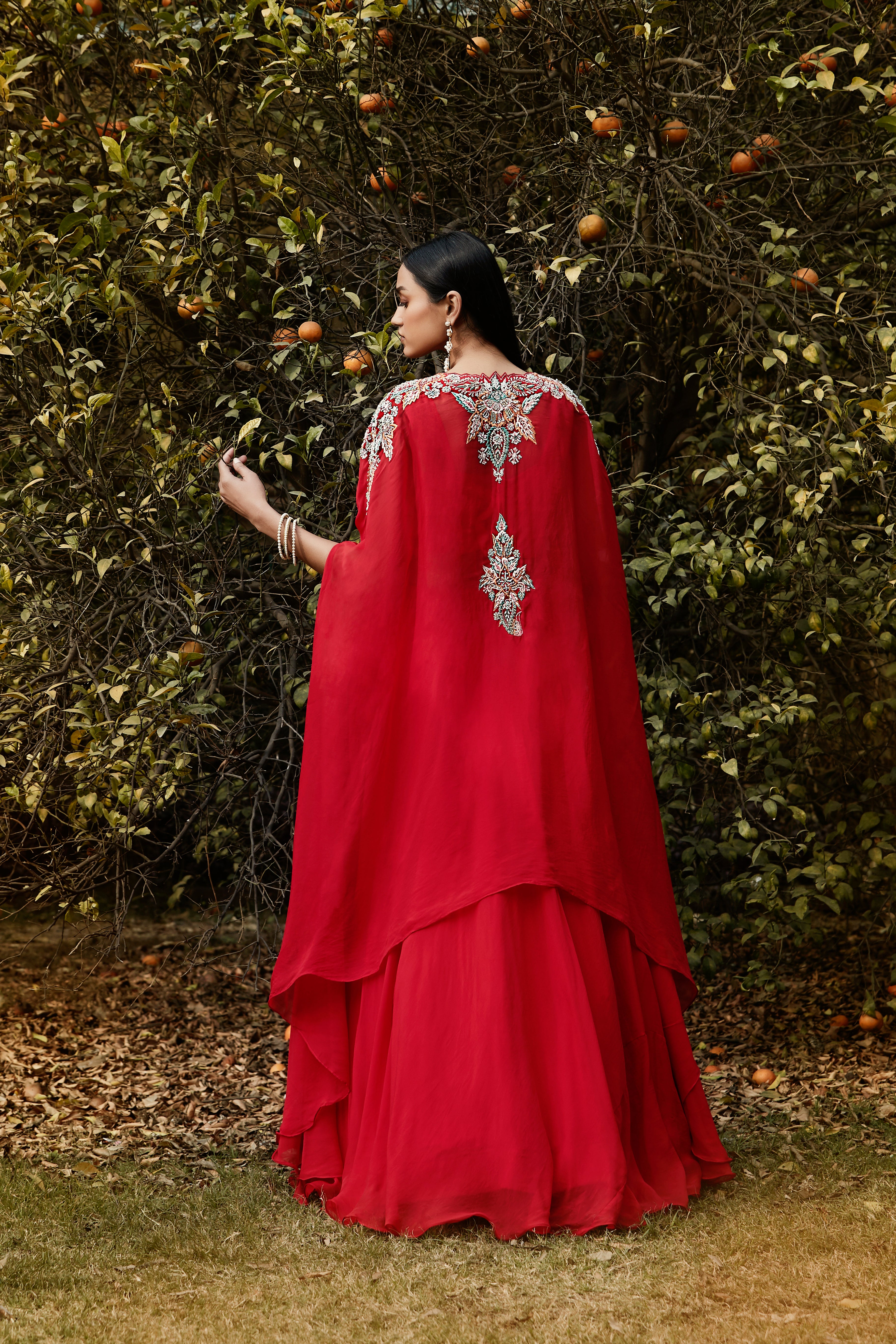 Red Embroidered Cape Set