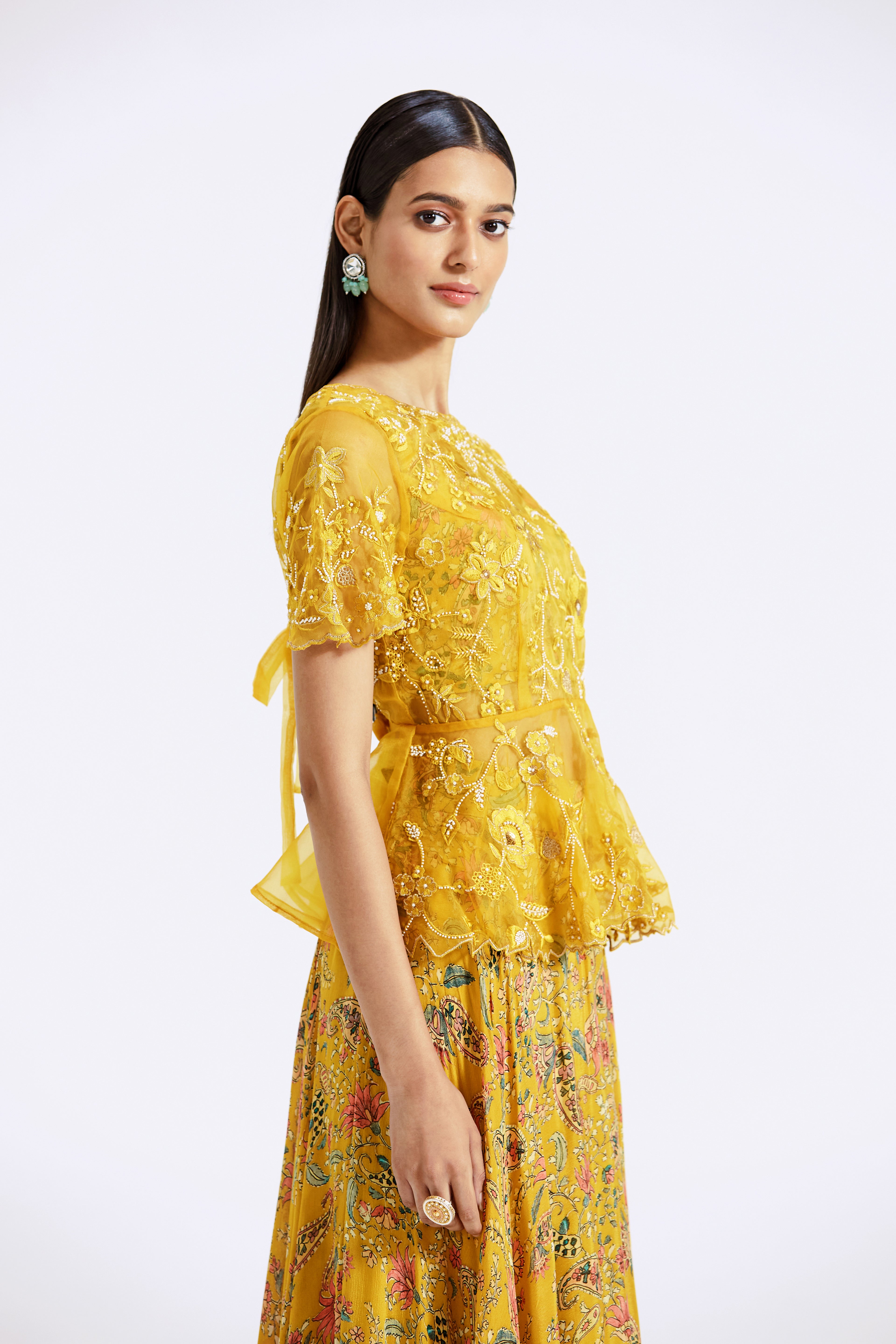 Yellow Embroidered Top & Skirt Set