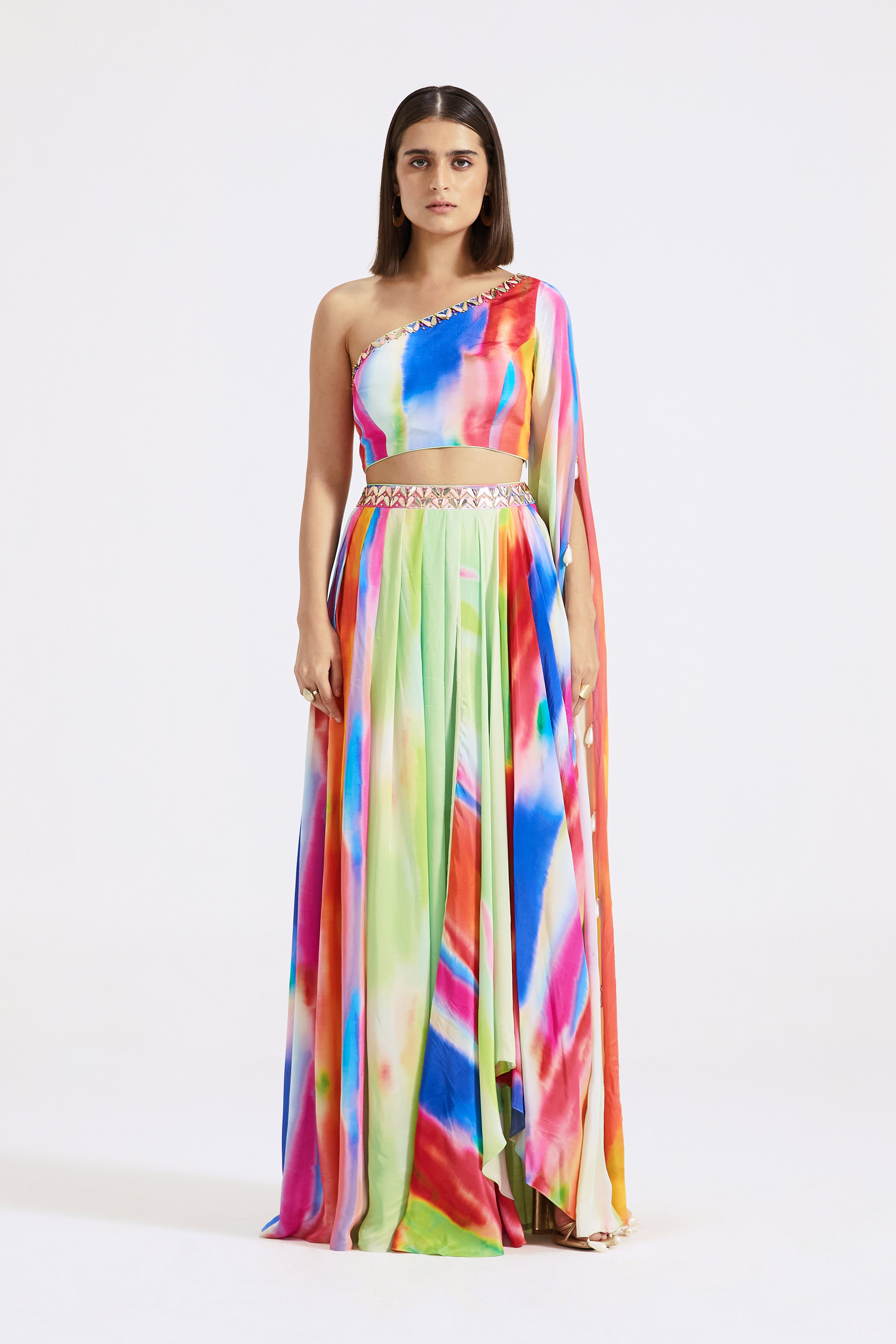 Multicoloured One-Shoulder Gown