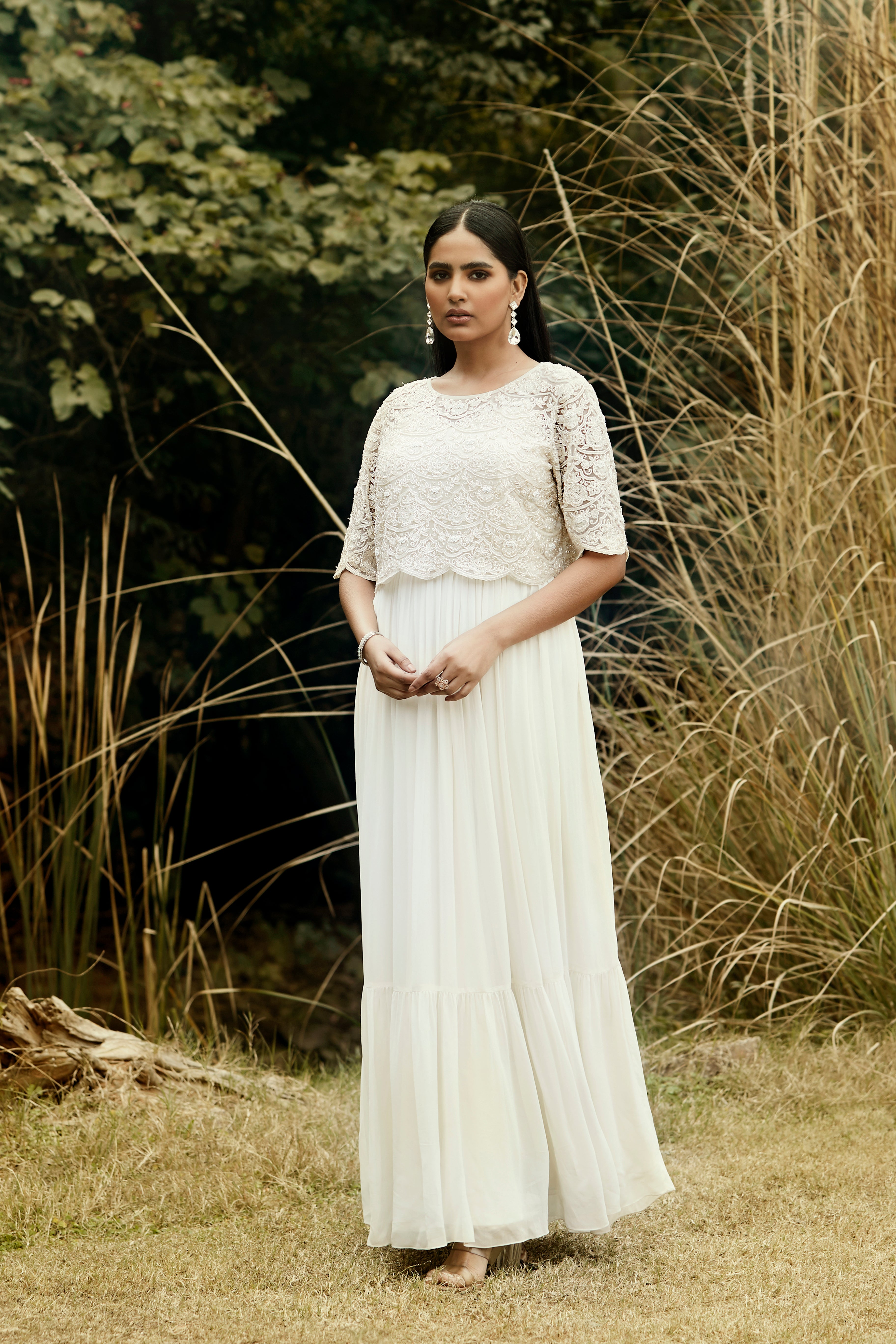 Ivory Embroidered Dress & Cape Set