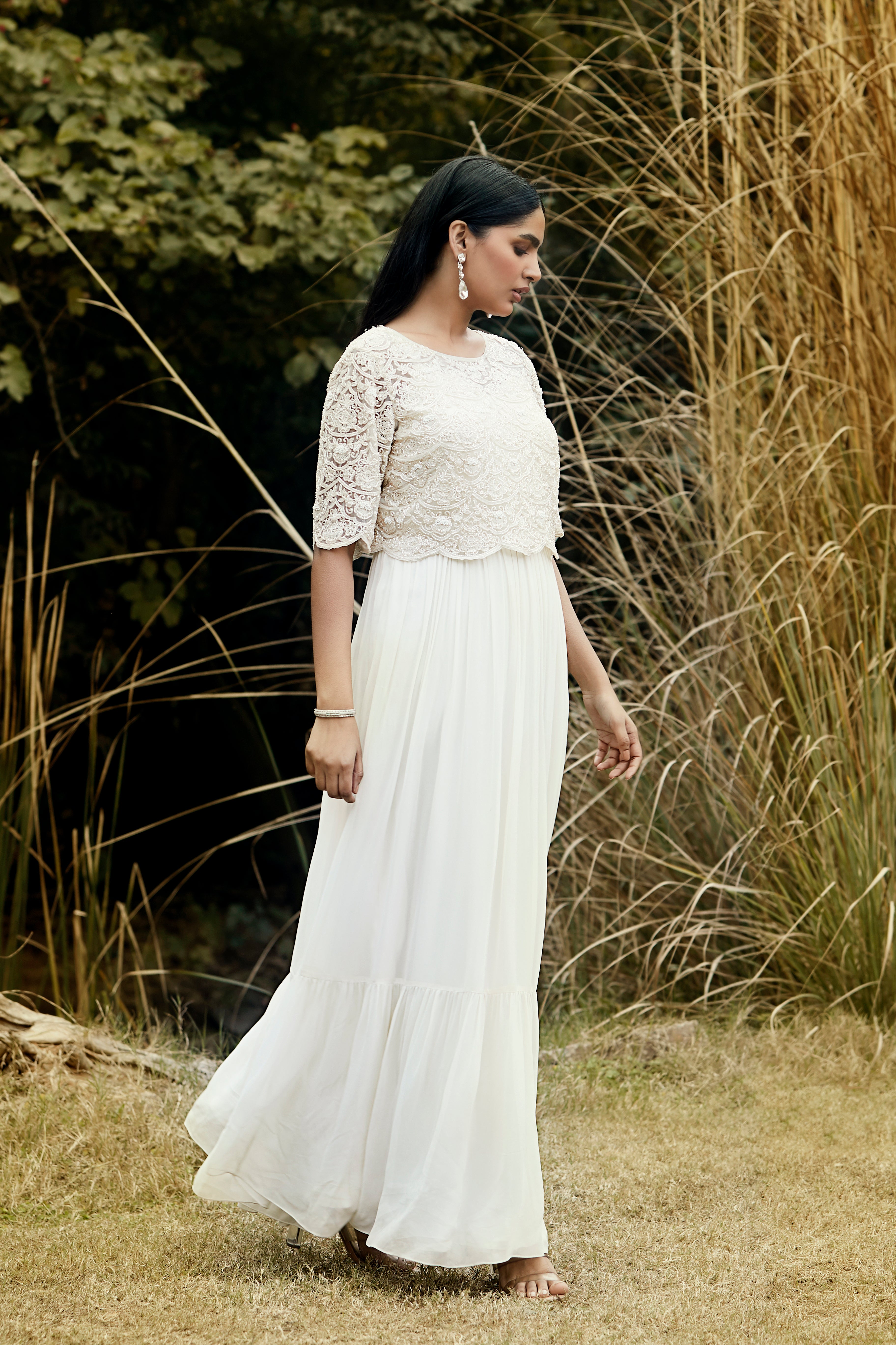 Ivory Embroidered Dress & Cape Set