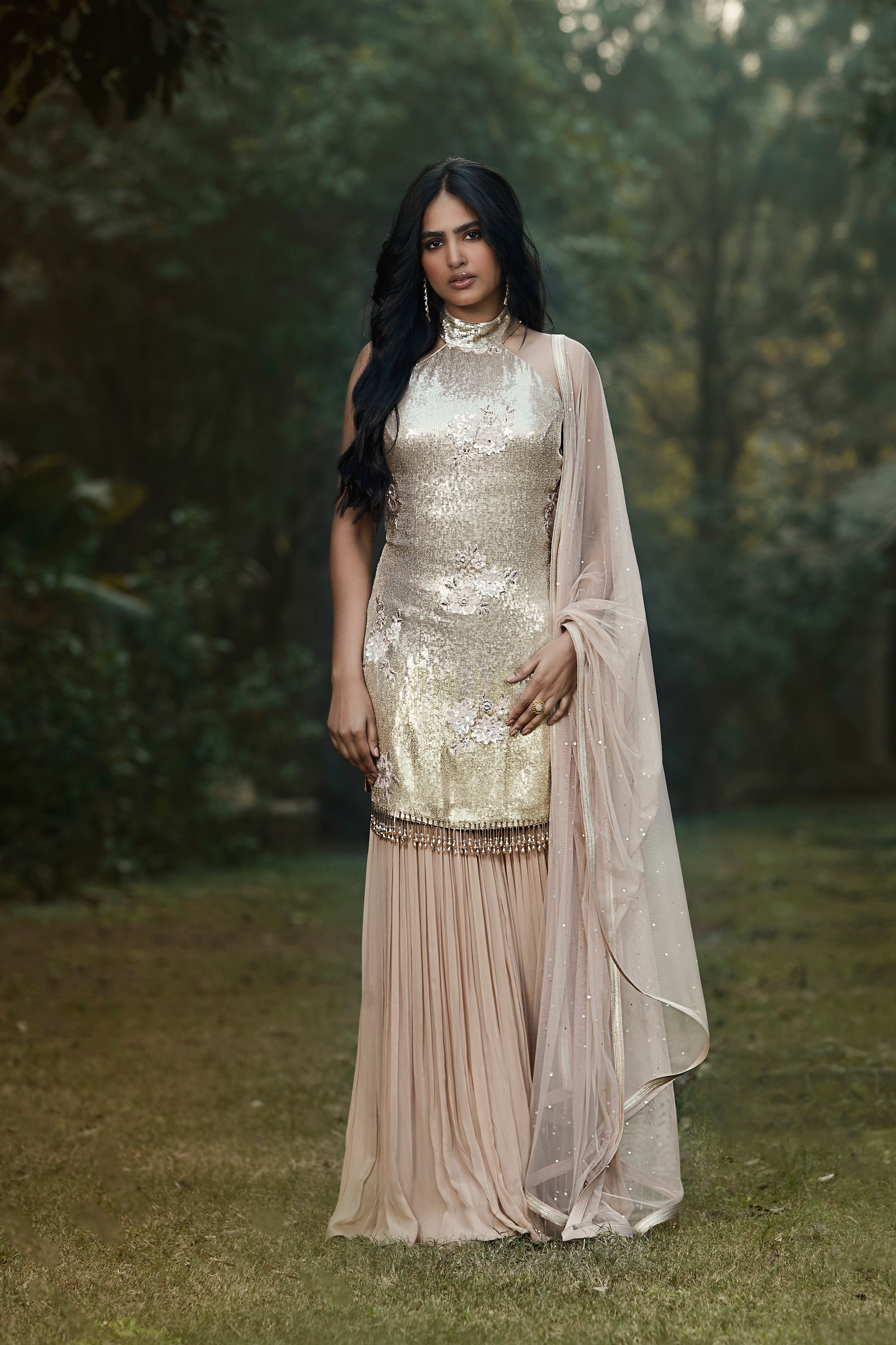 Peach Sequins Sharara Set