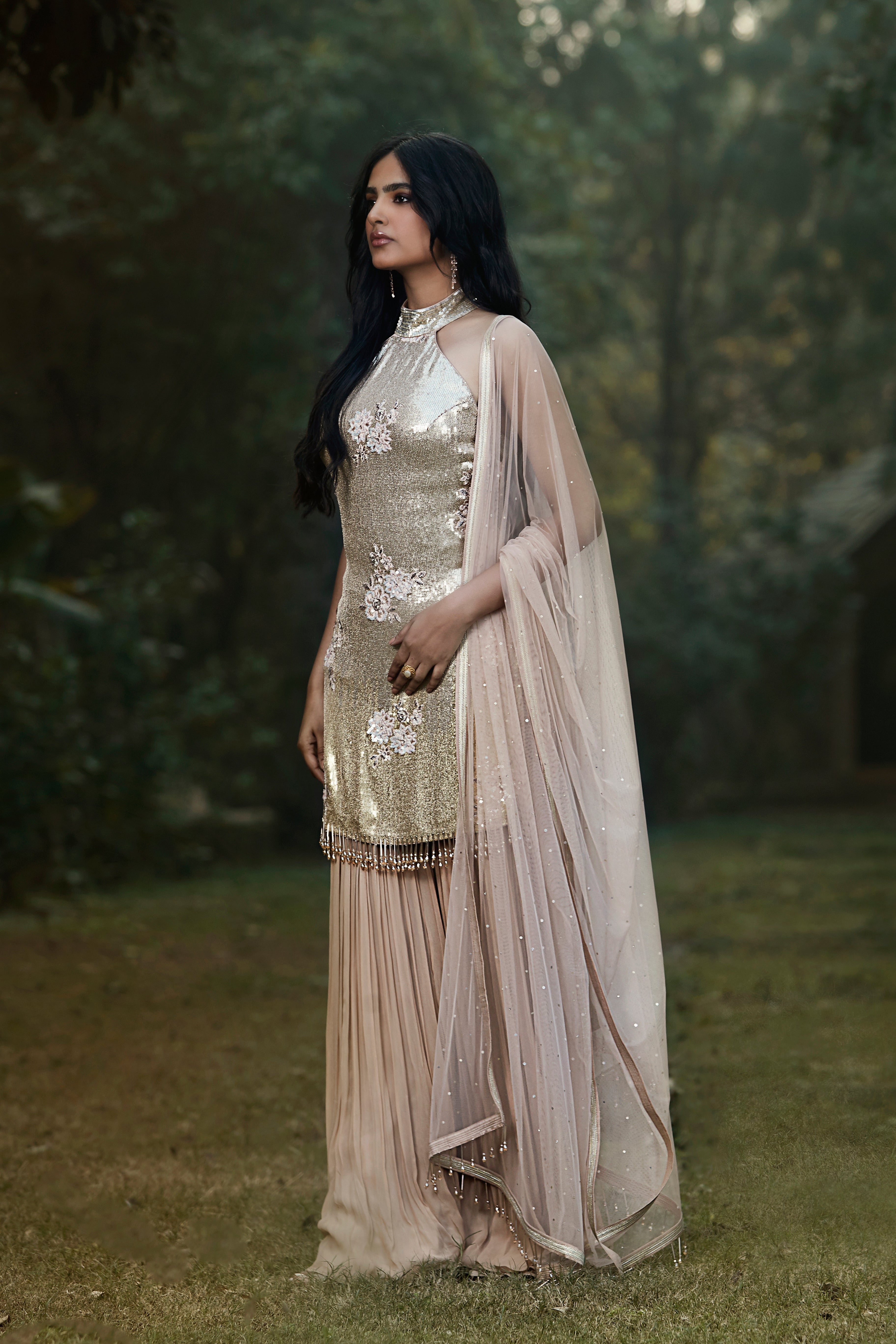 Peach Sequins Sharara Set