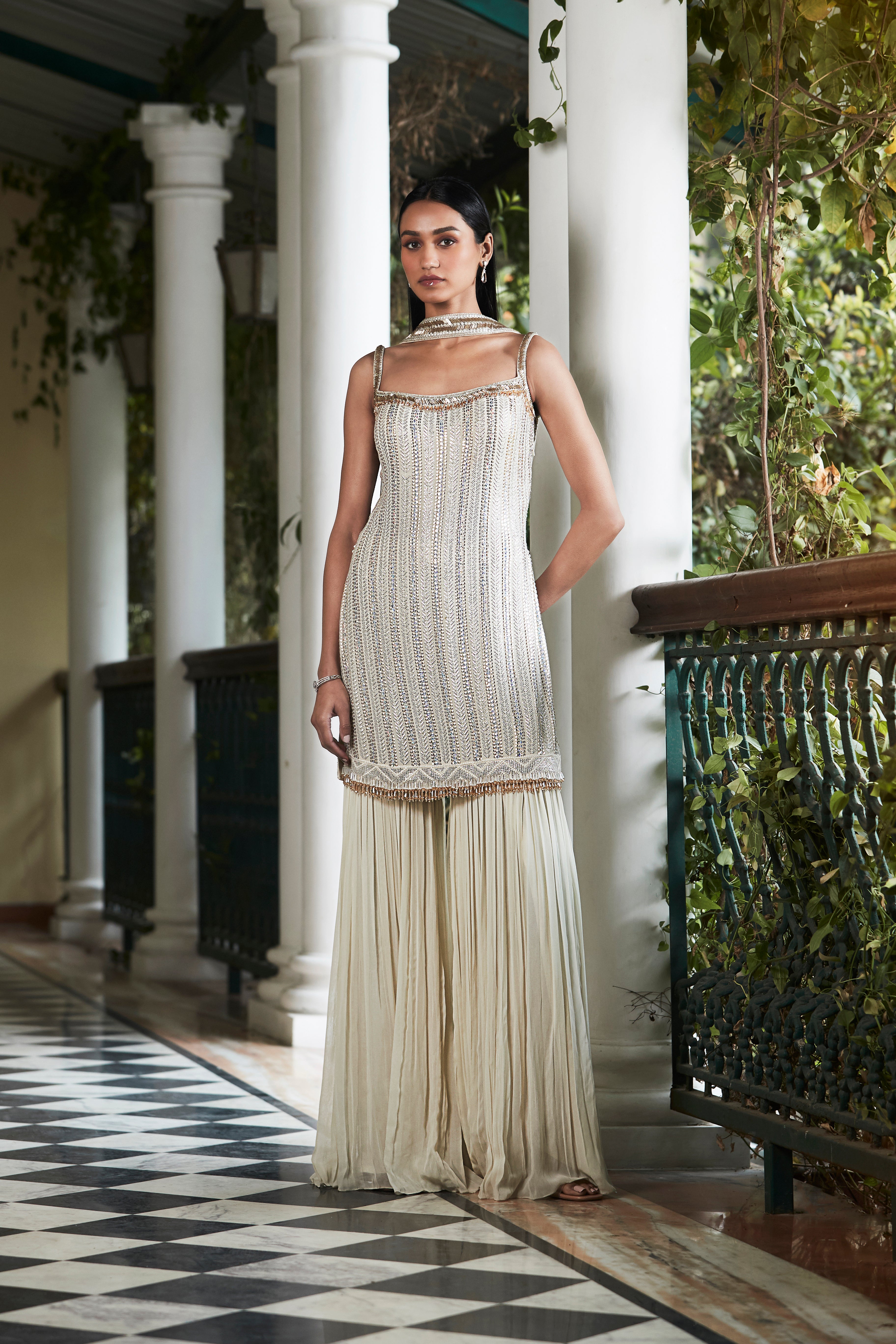 Ivory Sequins Sharara Set