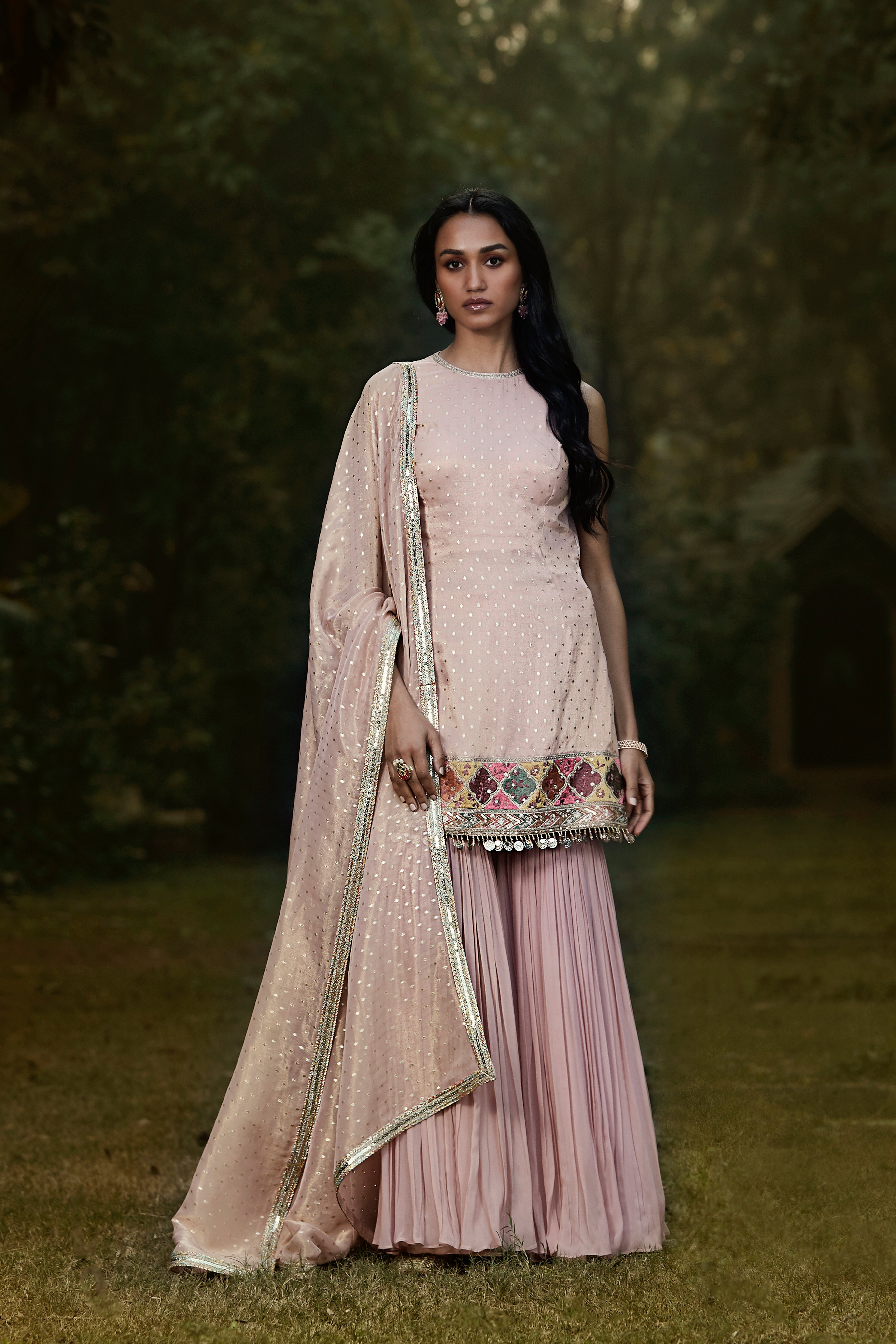 Pink Embroidered Tissue Sharara Set