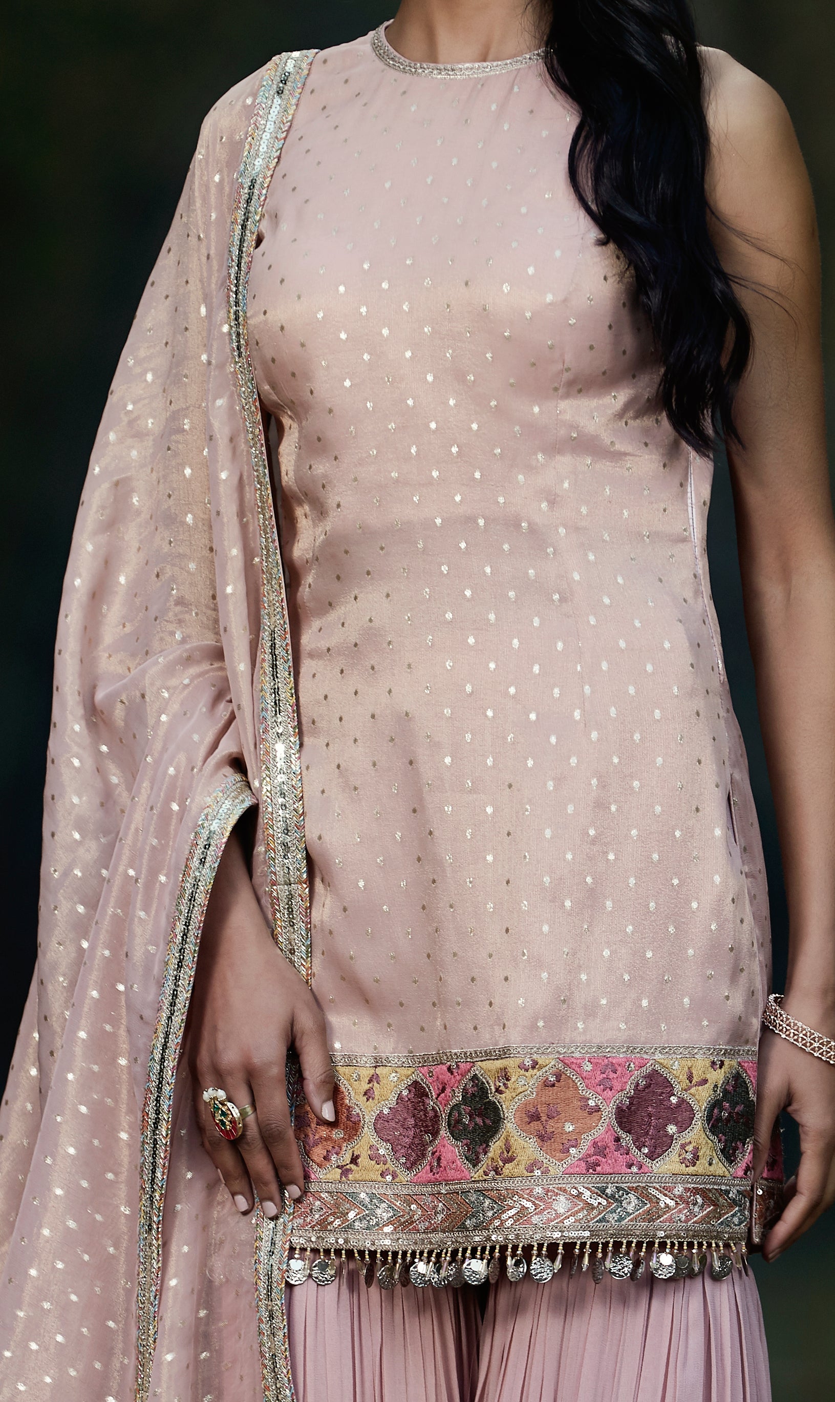 Pink Embroidered Tissue Sharara Set