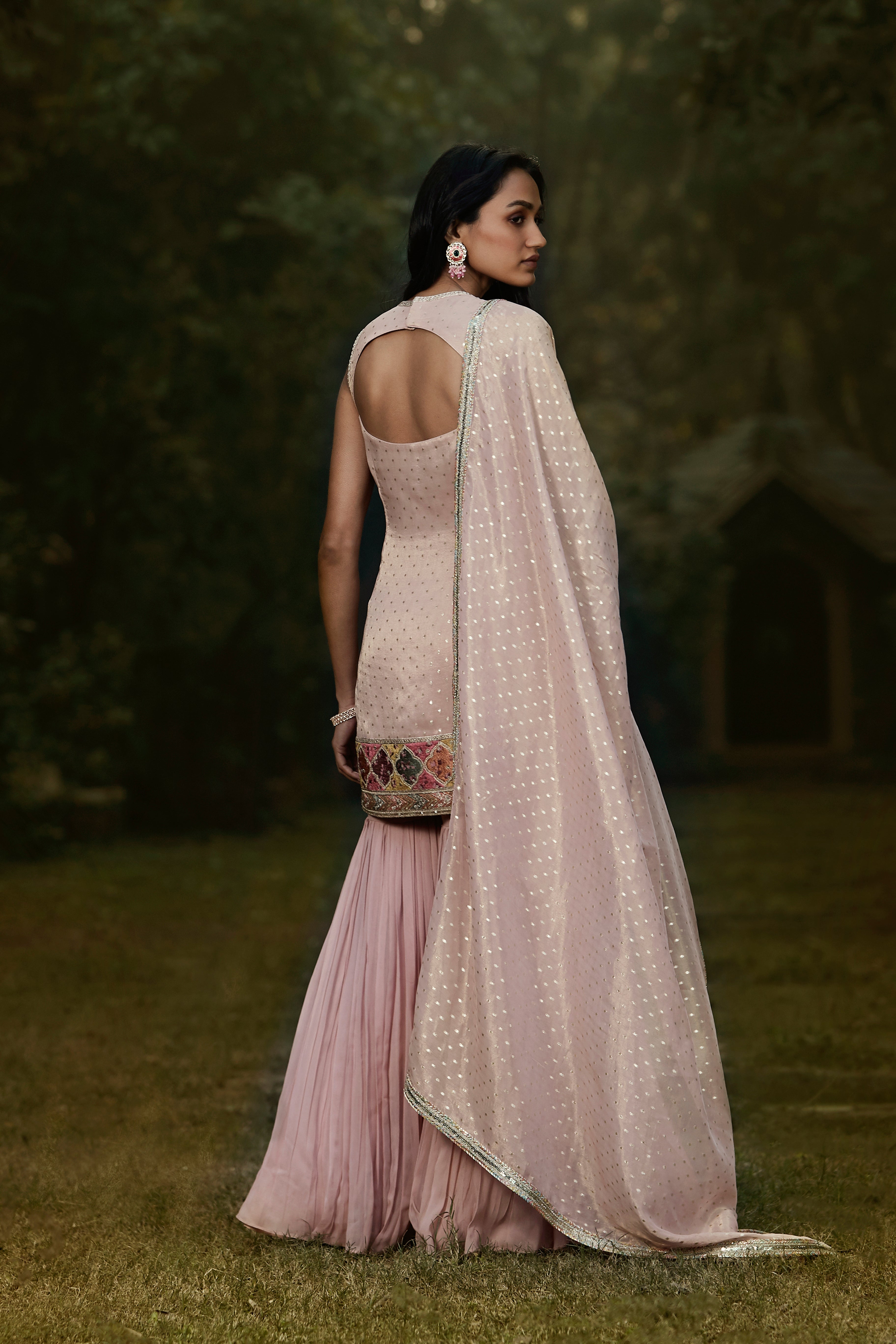 Pink Embroidered Tissue Sharara Set