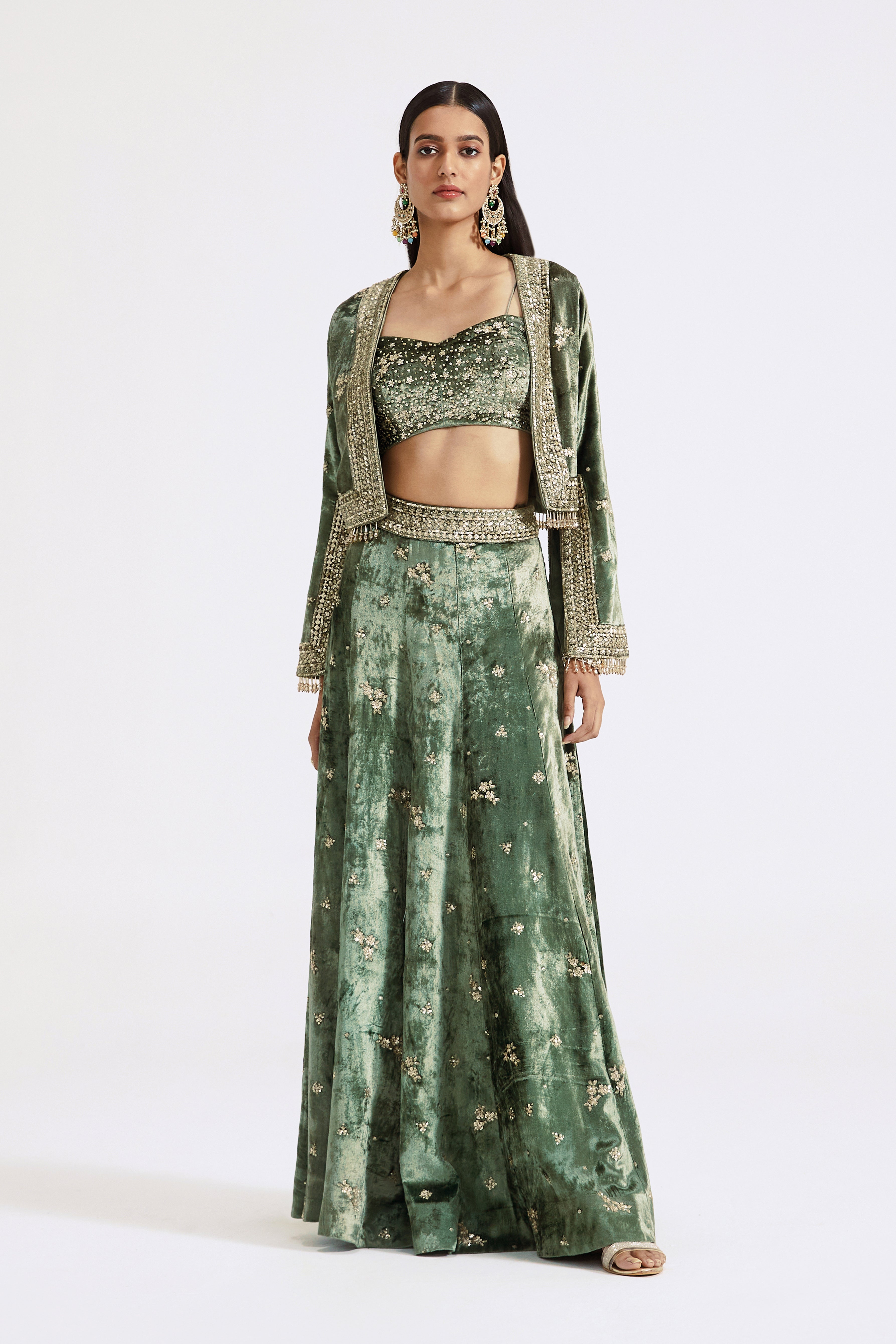 Green Velvet Jacket & Sharara Set