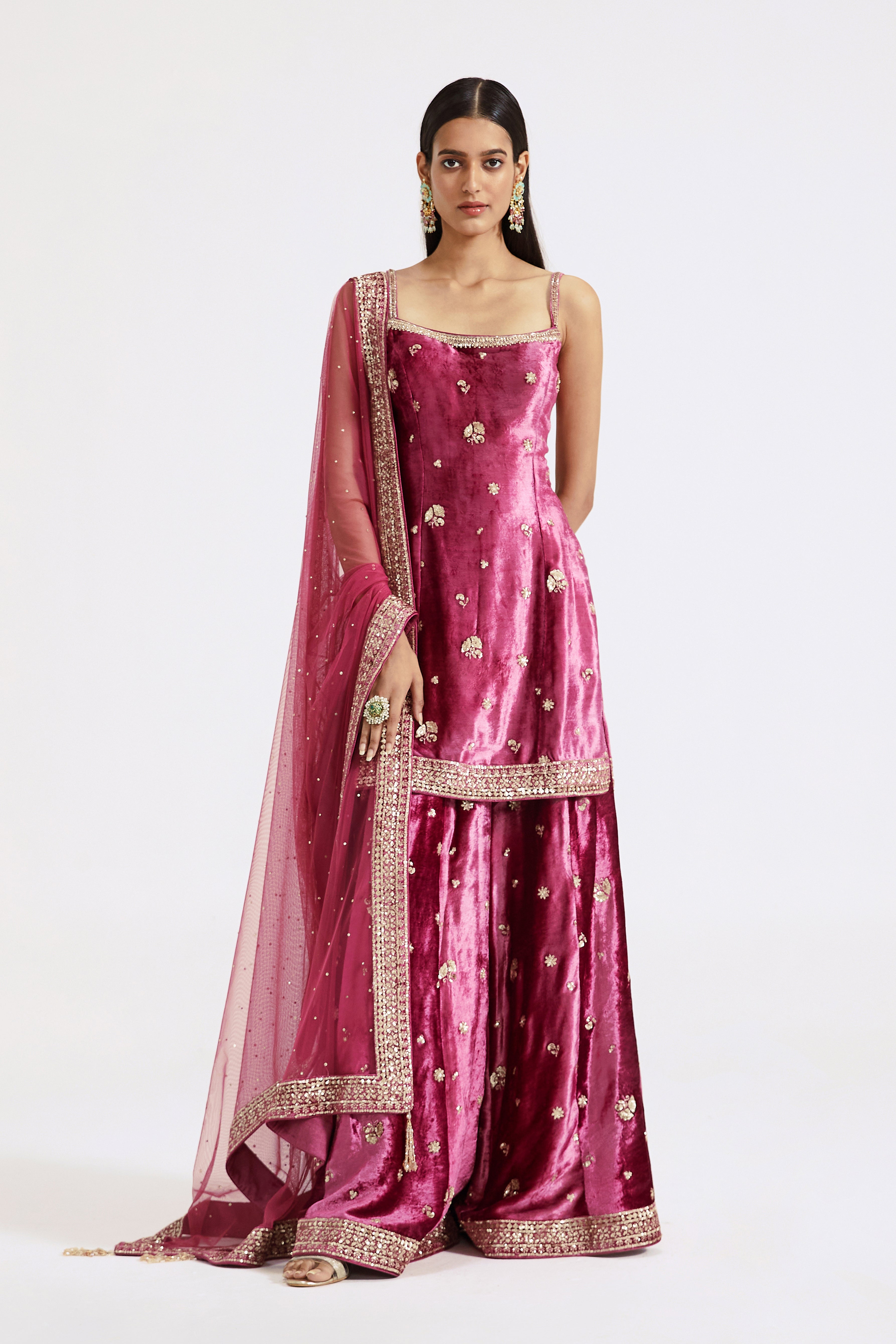 Magenta Velvet Sharara Set