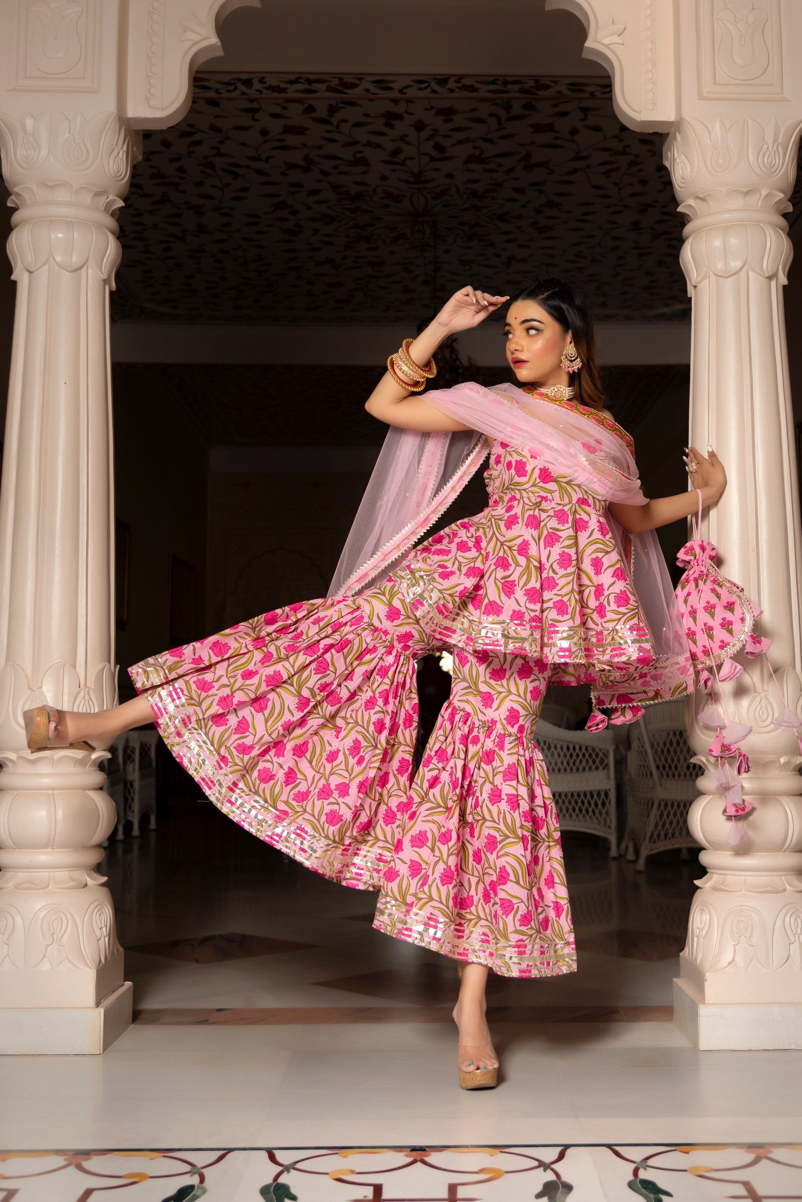 NAZAKAT PINK COTTON HAND BLOCK SHARARA SET