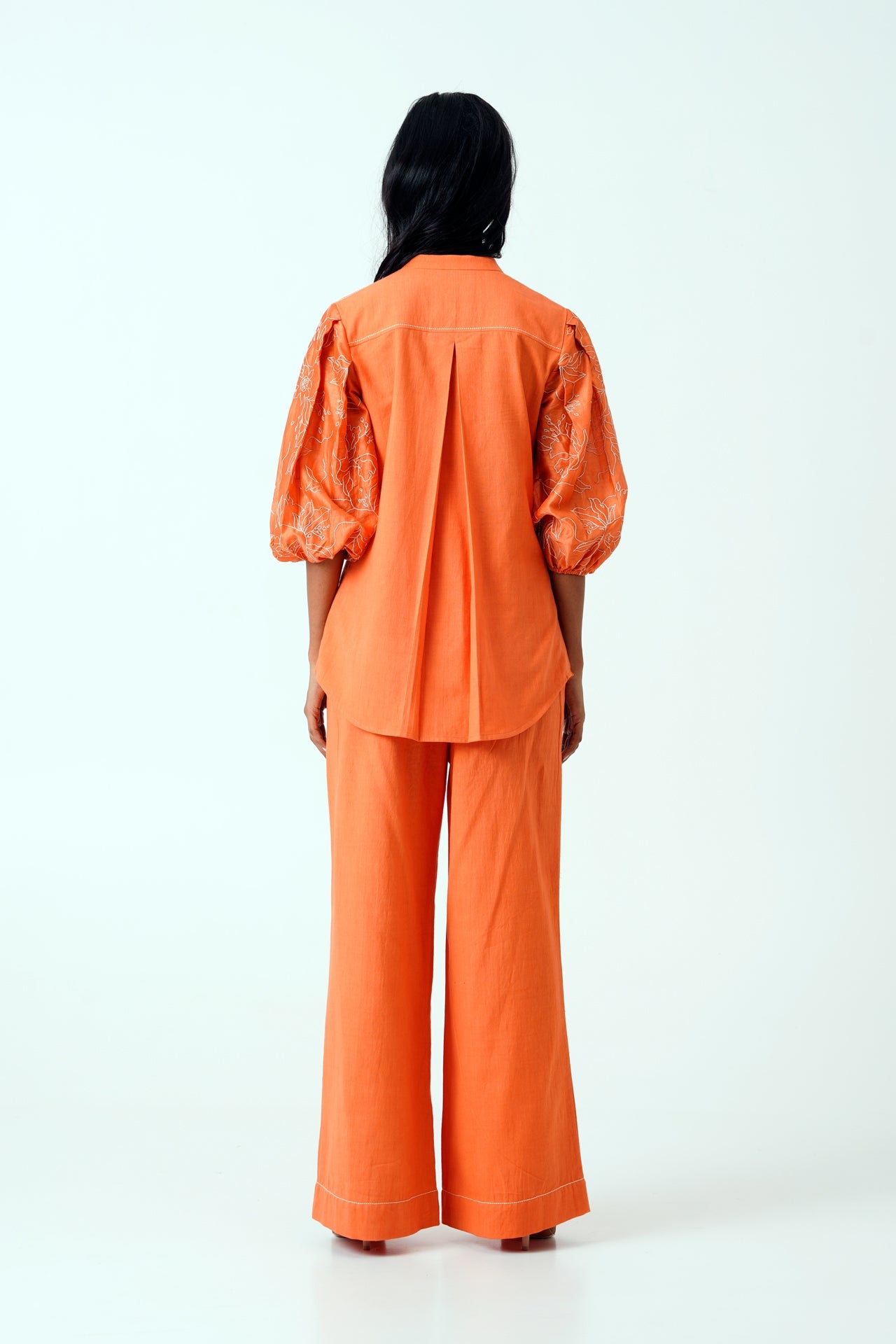 Sunset Orange Oba Set - Embroidered Sleeve Top + Pants