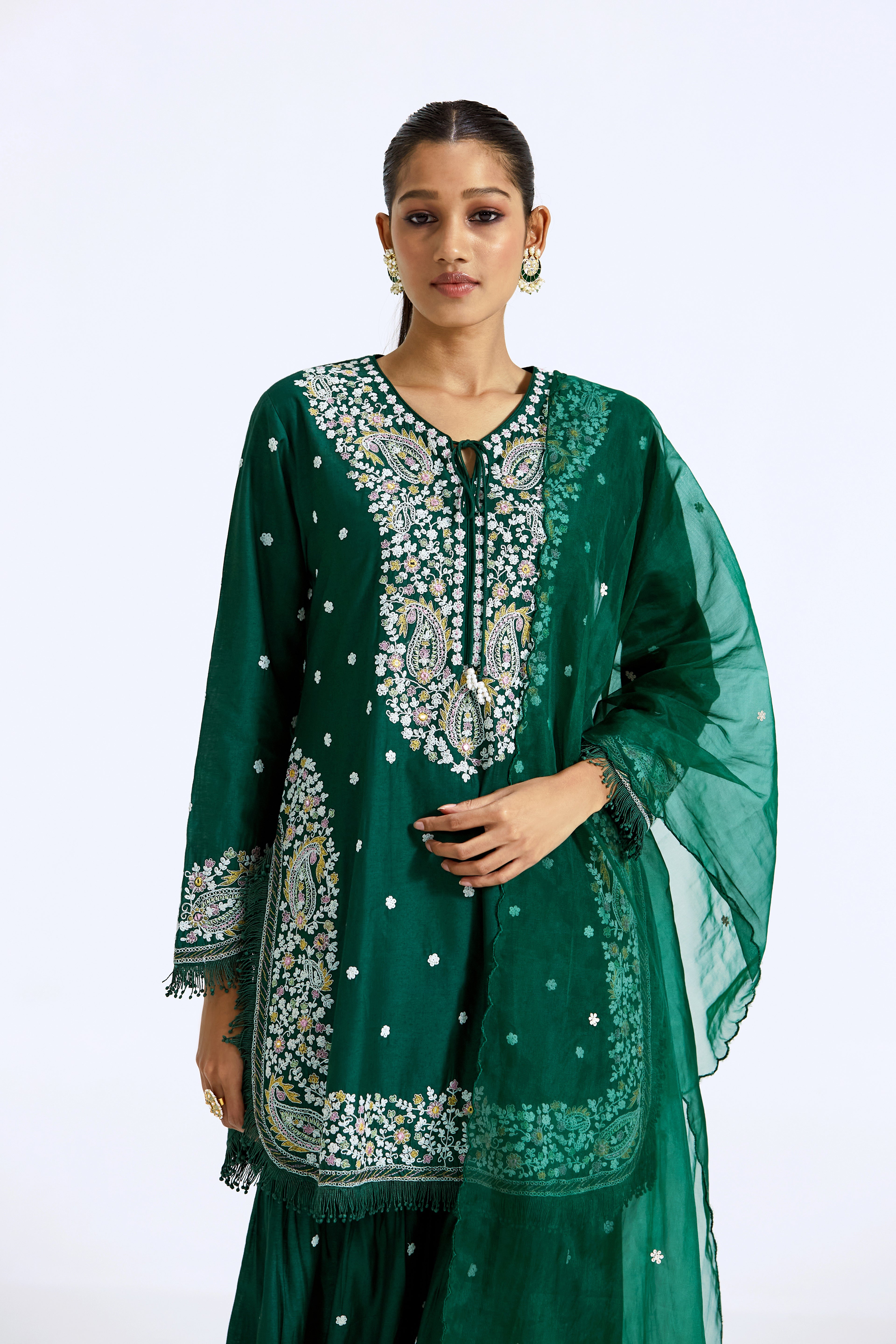 Bottle Green Embroidered Kurta And Sharara Set