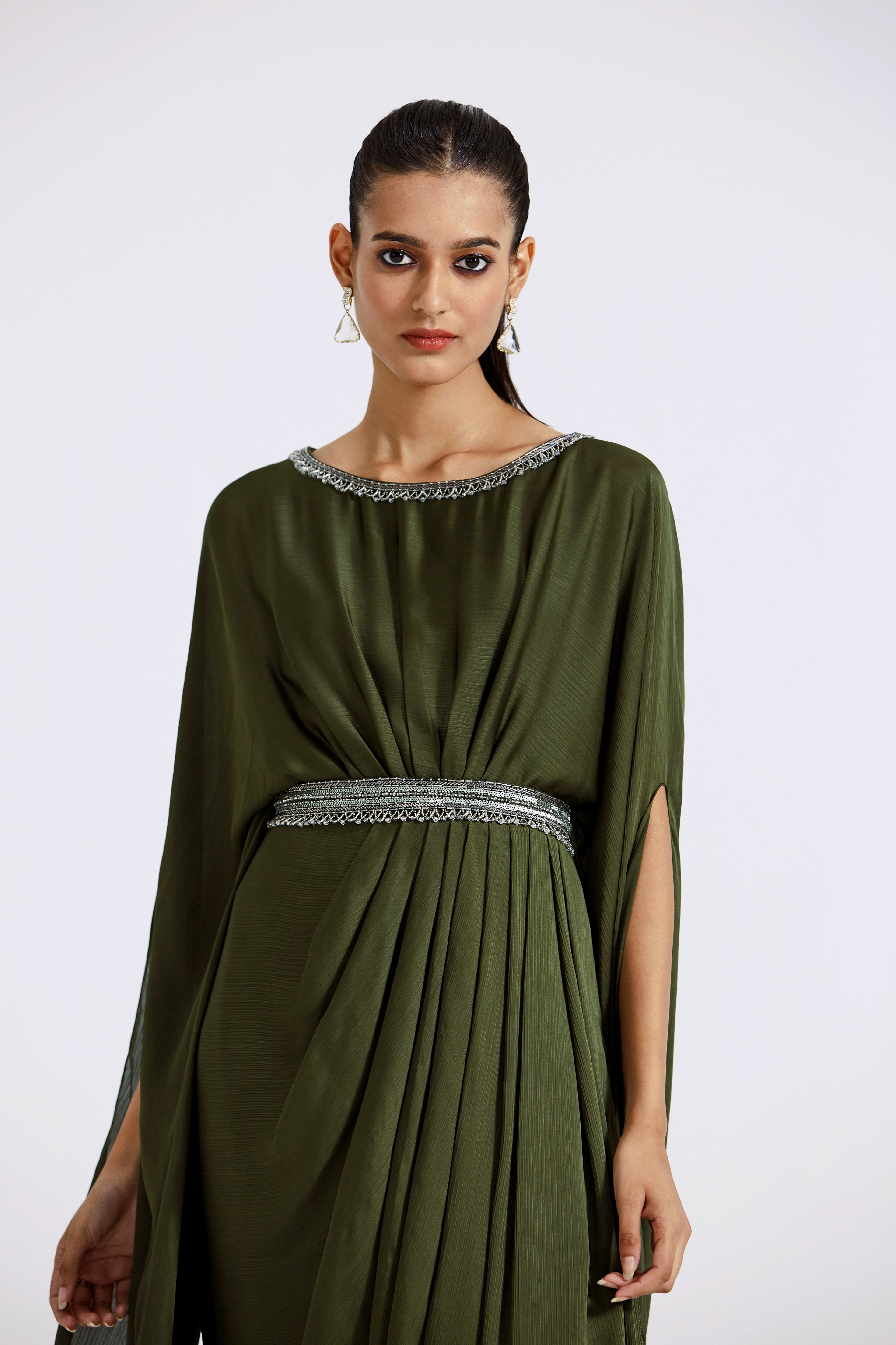 Moss Green Gown with Cape sleeves