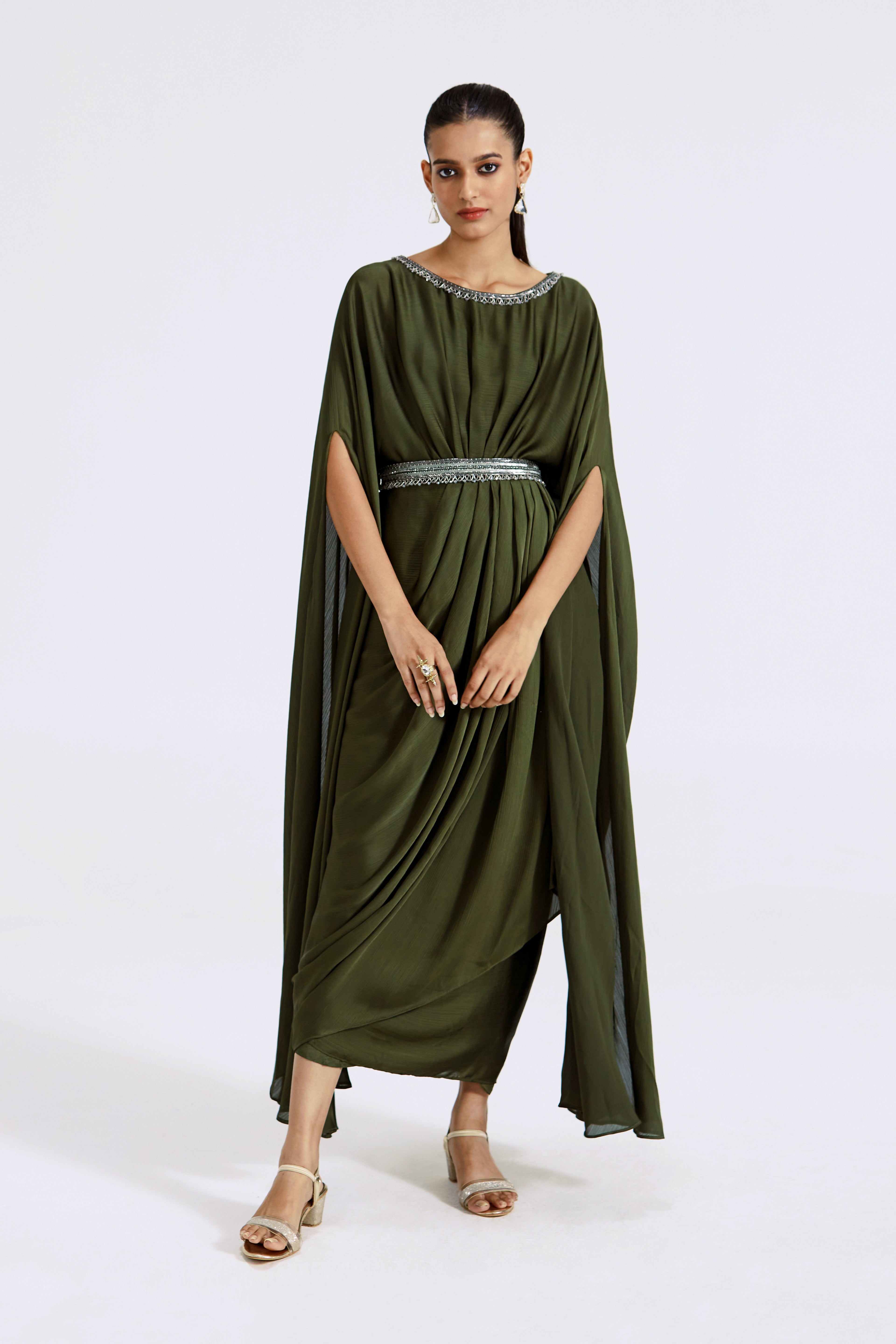 Moss Green Gown with Cape sleeves