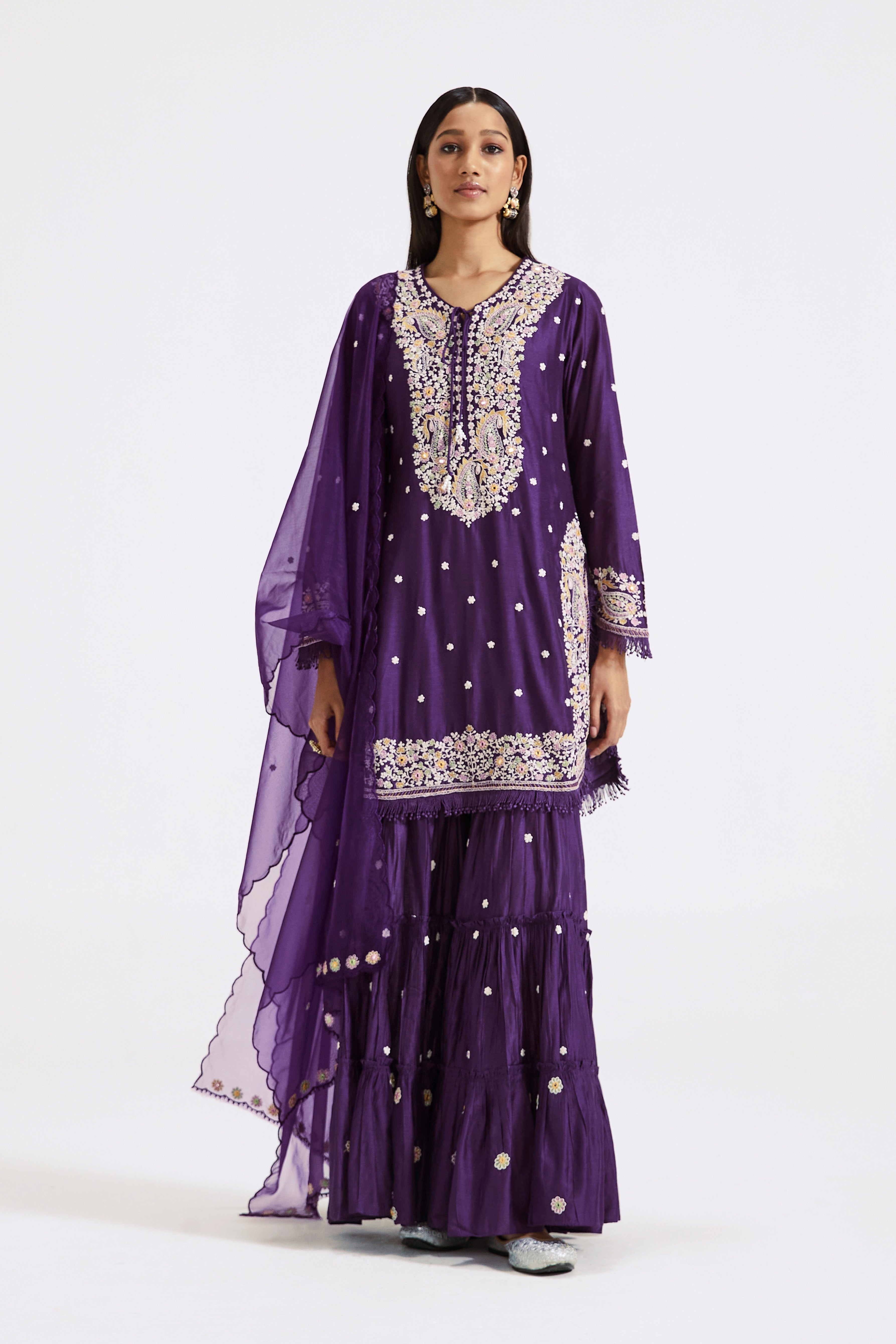 Purple Embroidered Kurta And Sharara Set