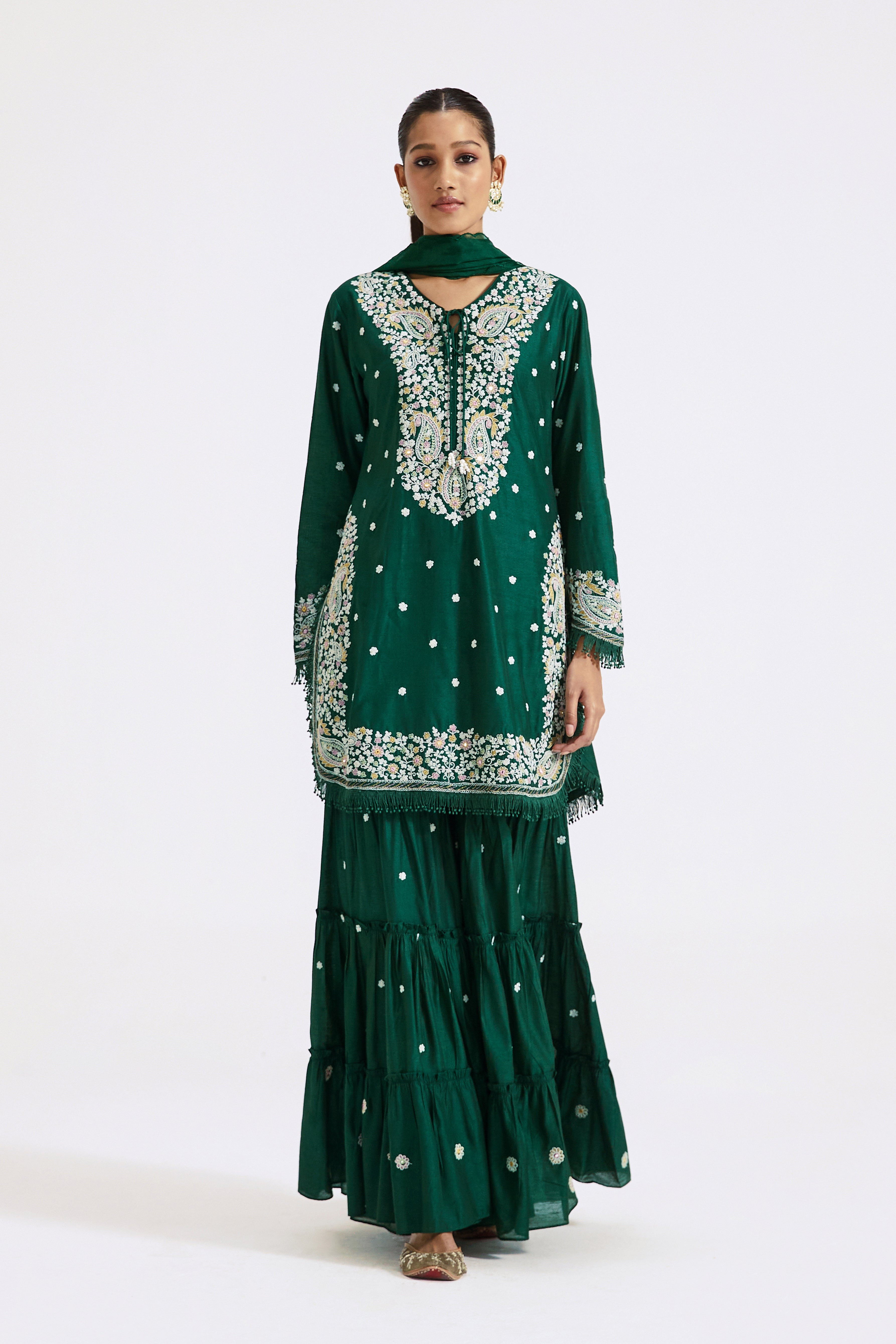 Bottle Green Embroidered Kurta And Sharara Set