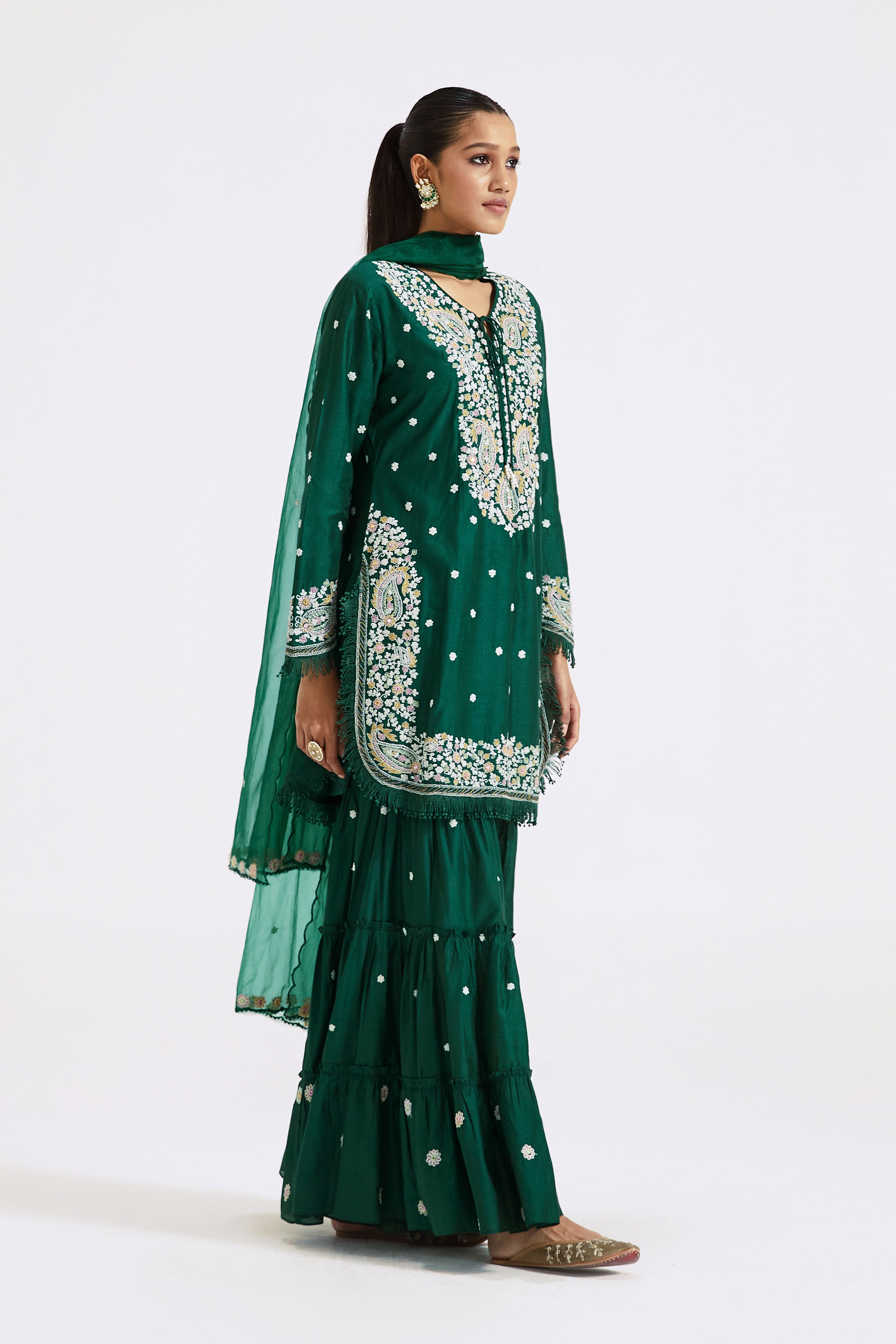 Bottle Green Embroidered Kurta And Sharara Set