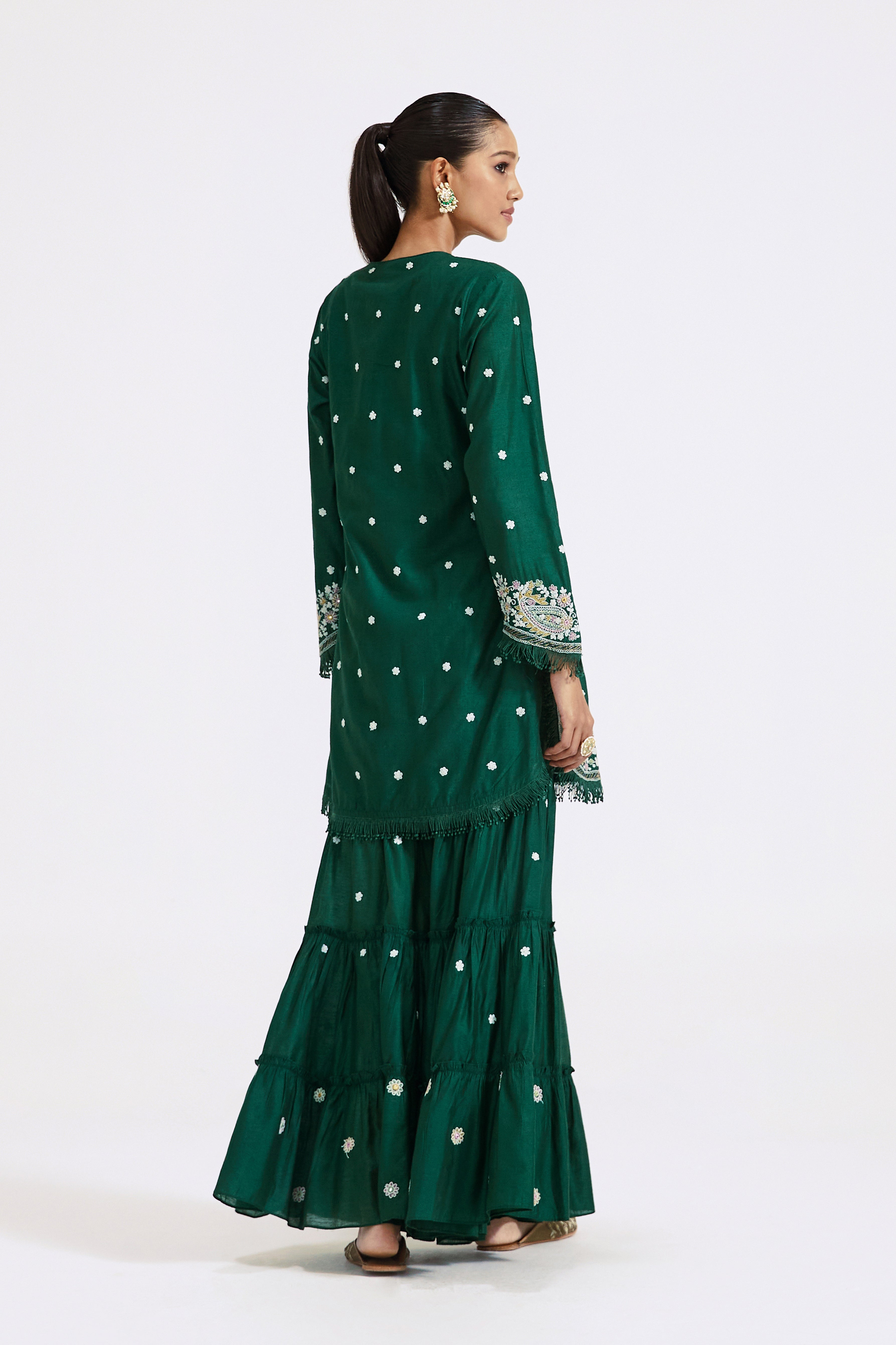 Bottle Green Embroidered Kurta And Sharara Set