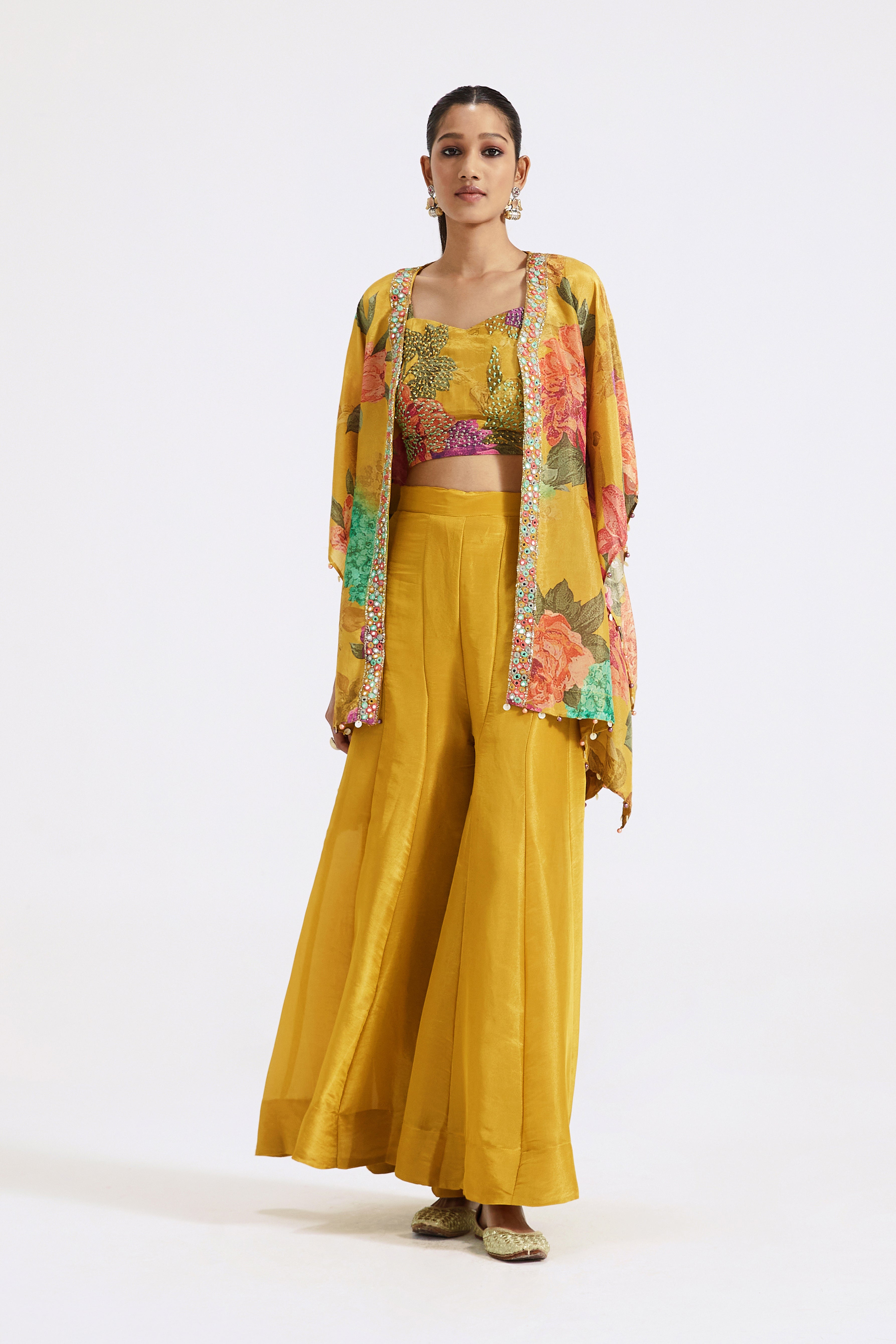 Yellow Printed Cape & Sharara Set