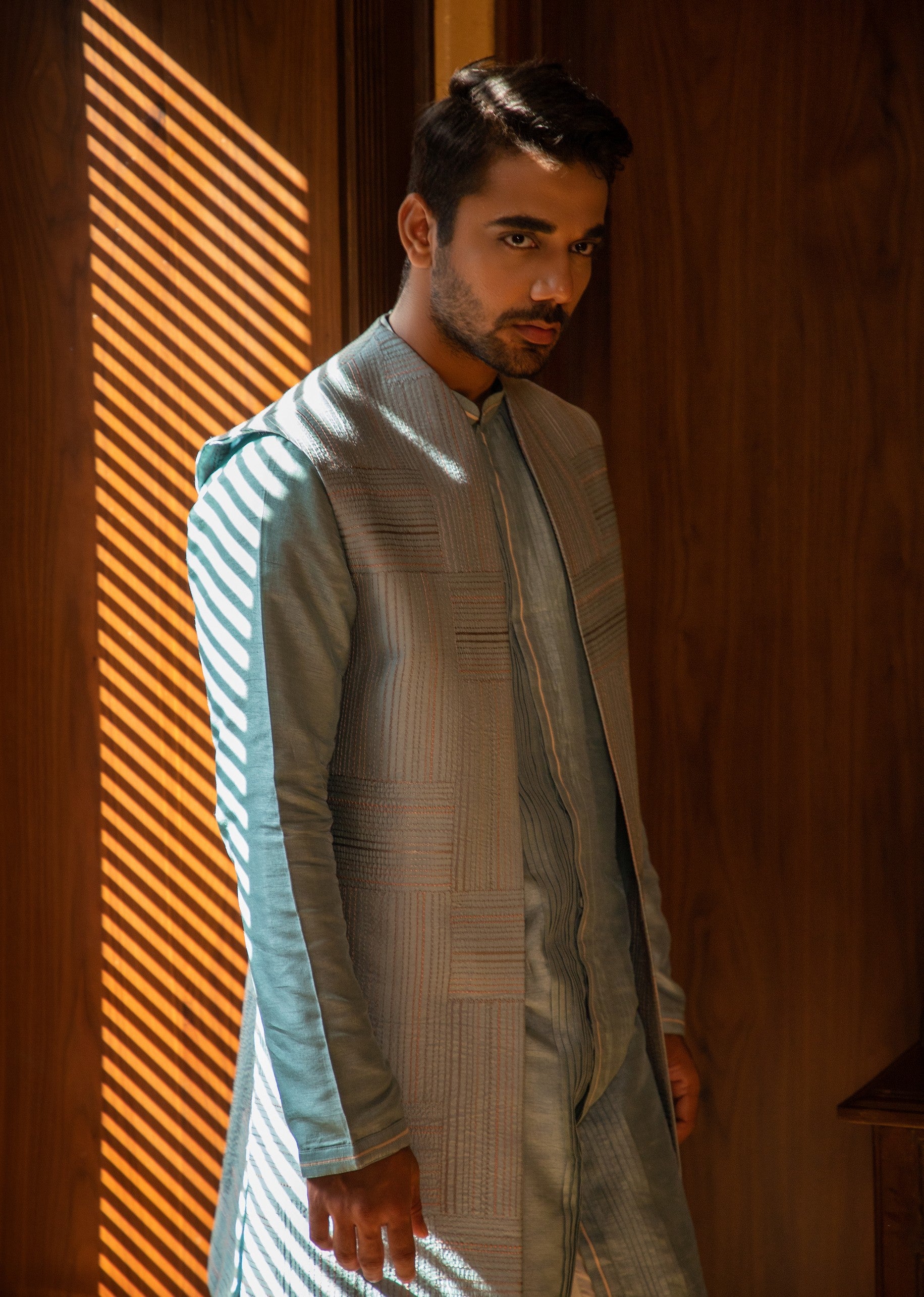 Blue Long Jacket with Kurta Set