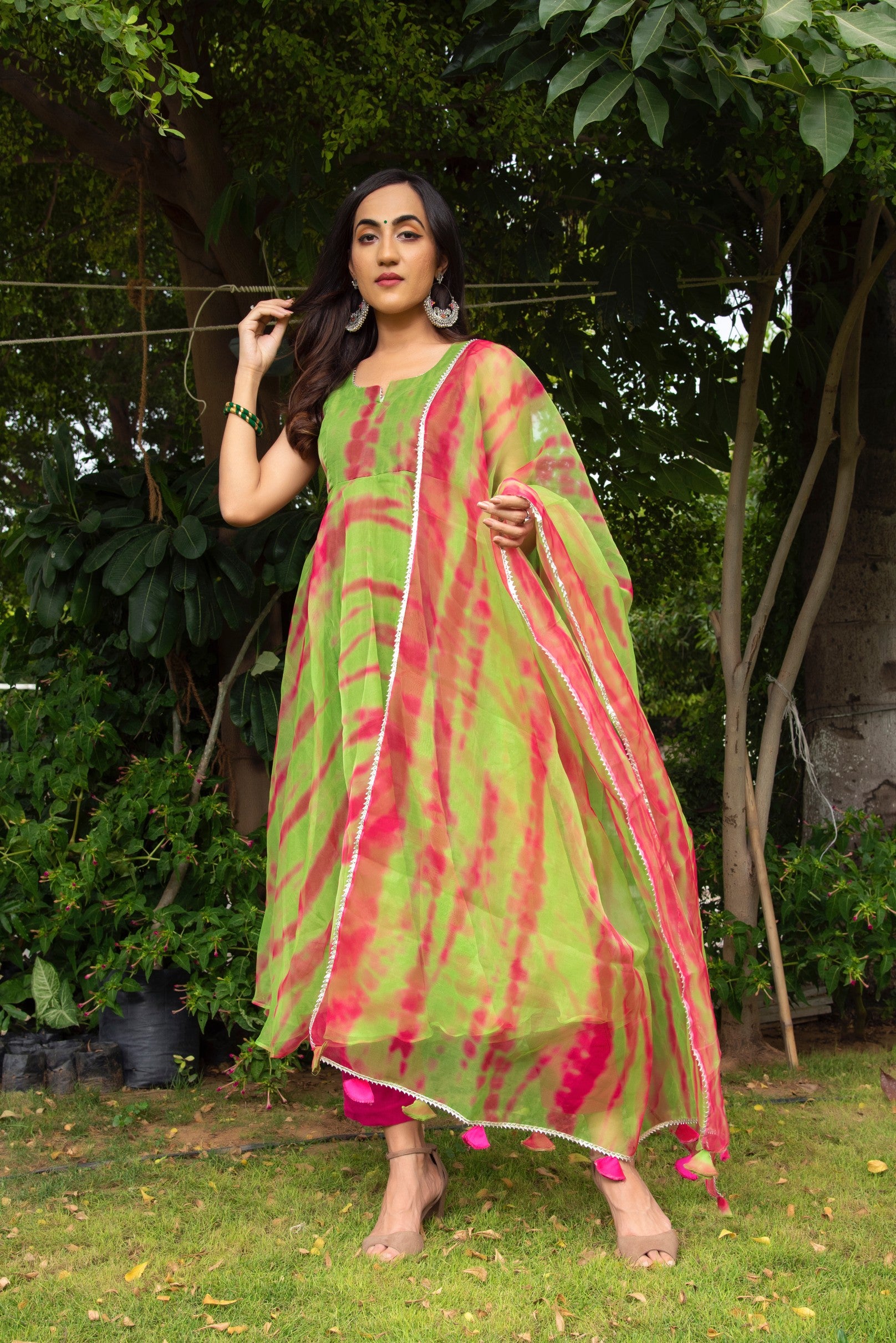 TIE AND DYE GREEN ORGANZA ANARKALI SET