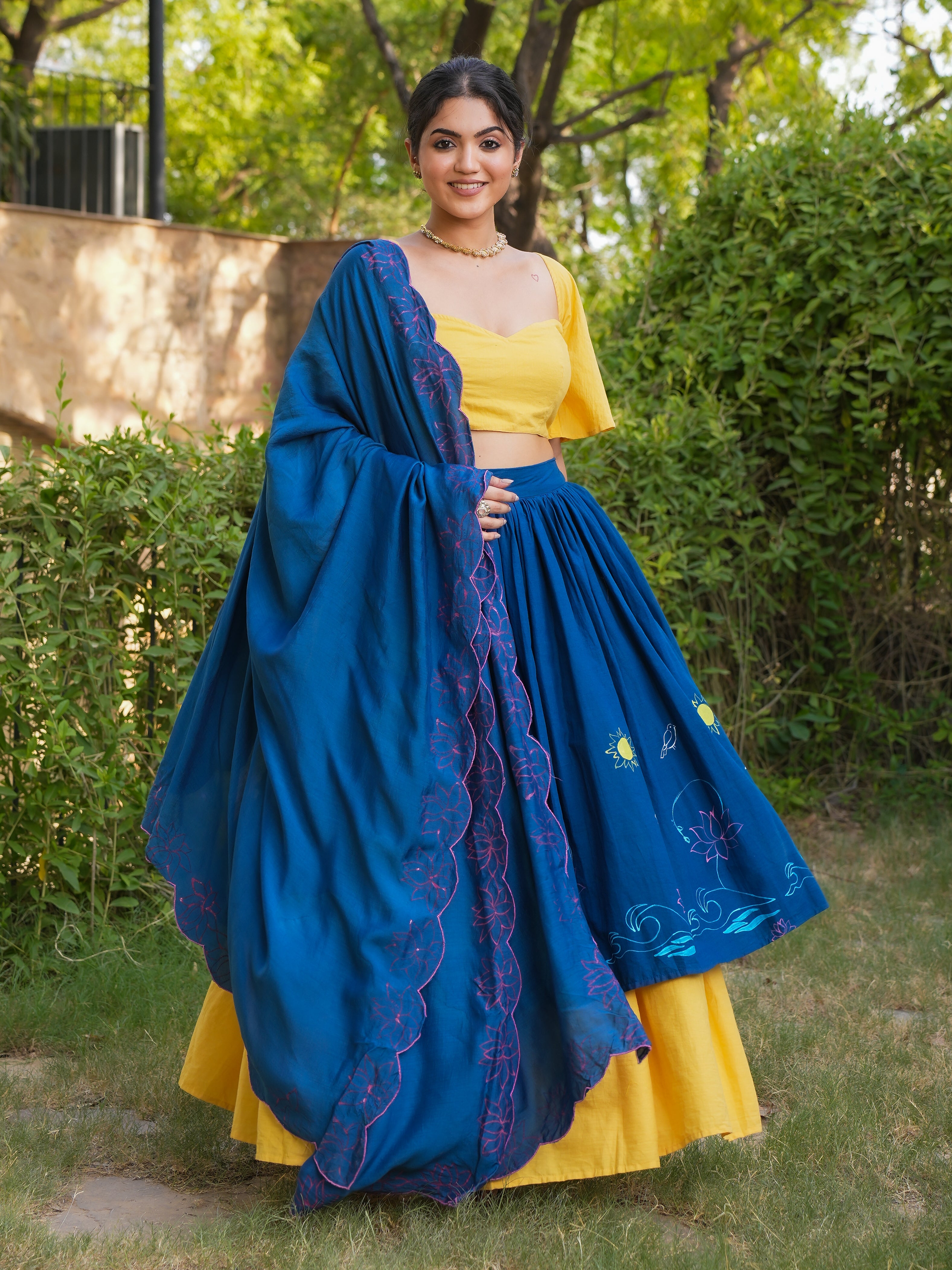 HANDPAINTED COTTON LEHENGA WITH BLOUSE AND DUPATTA