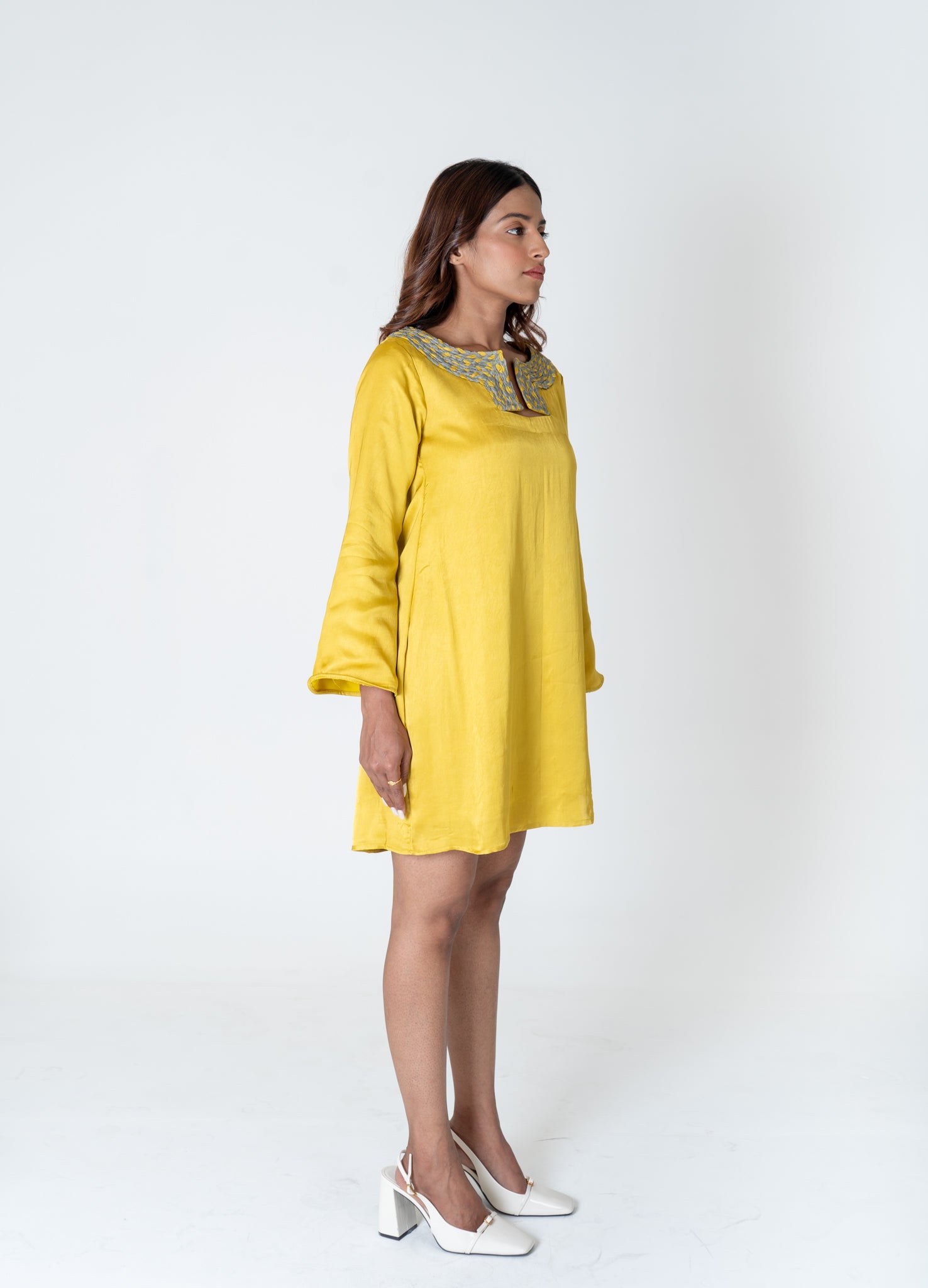 Green-Yellow Braided Collar Short Dress