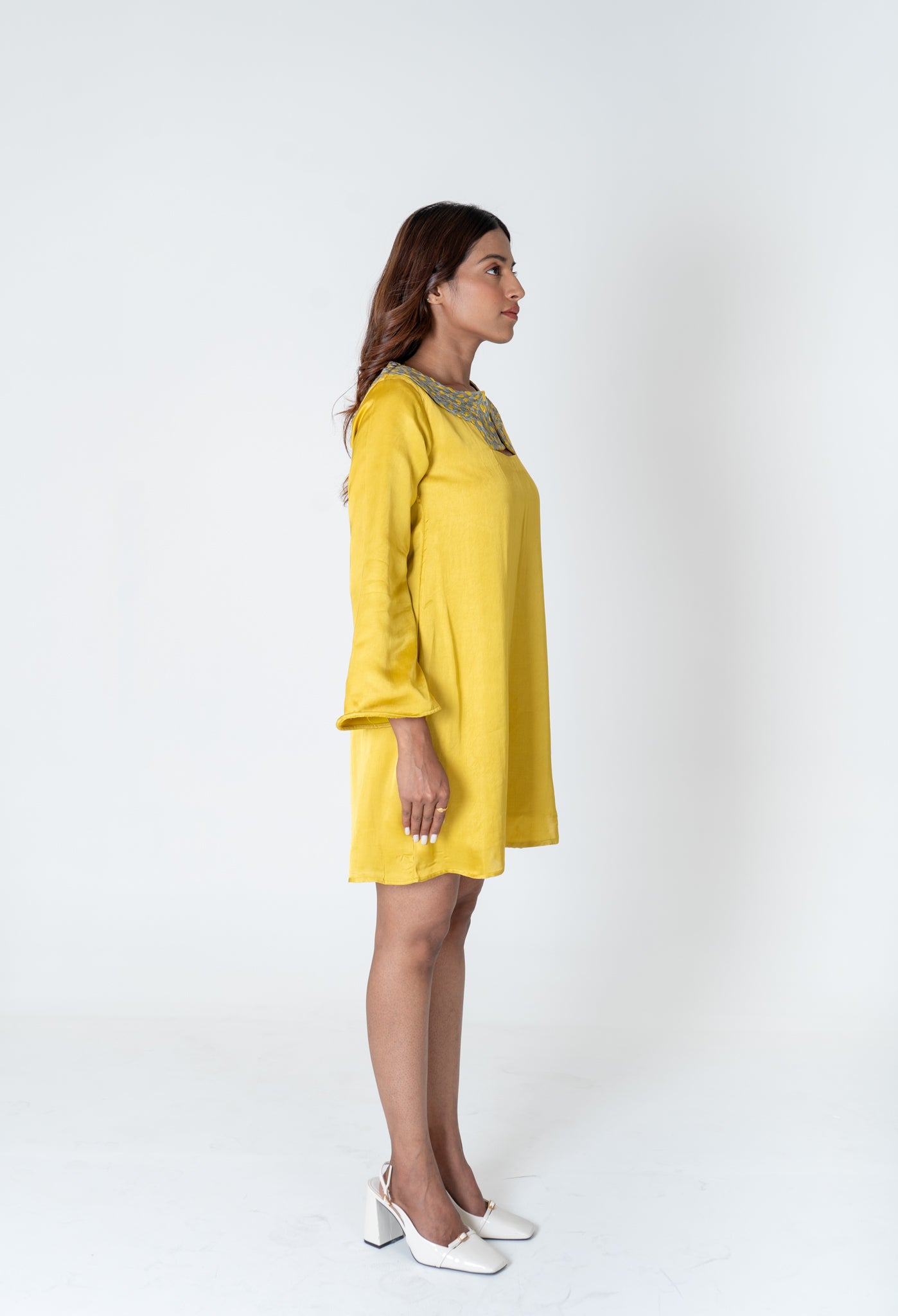 Green-Yellow Braided Collar Short Dress