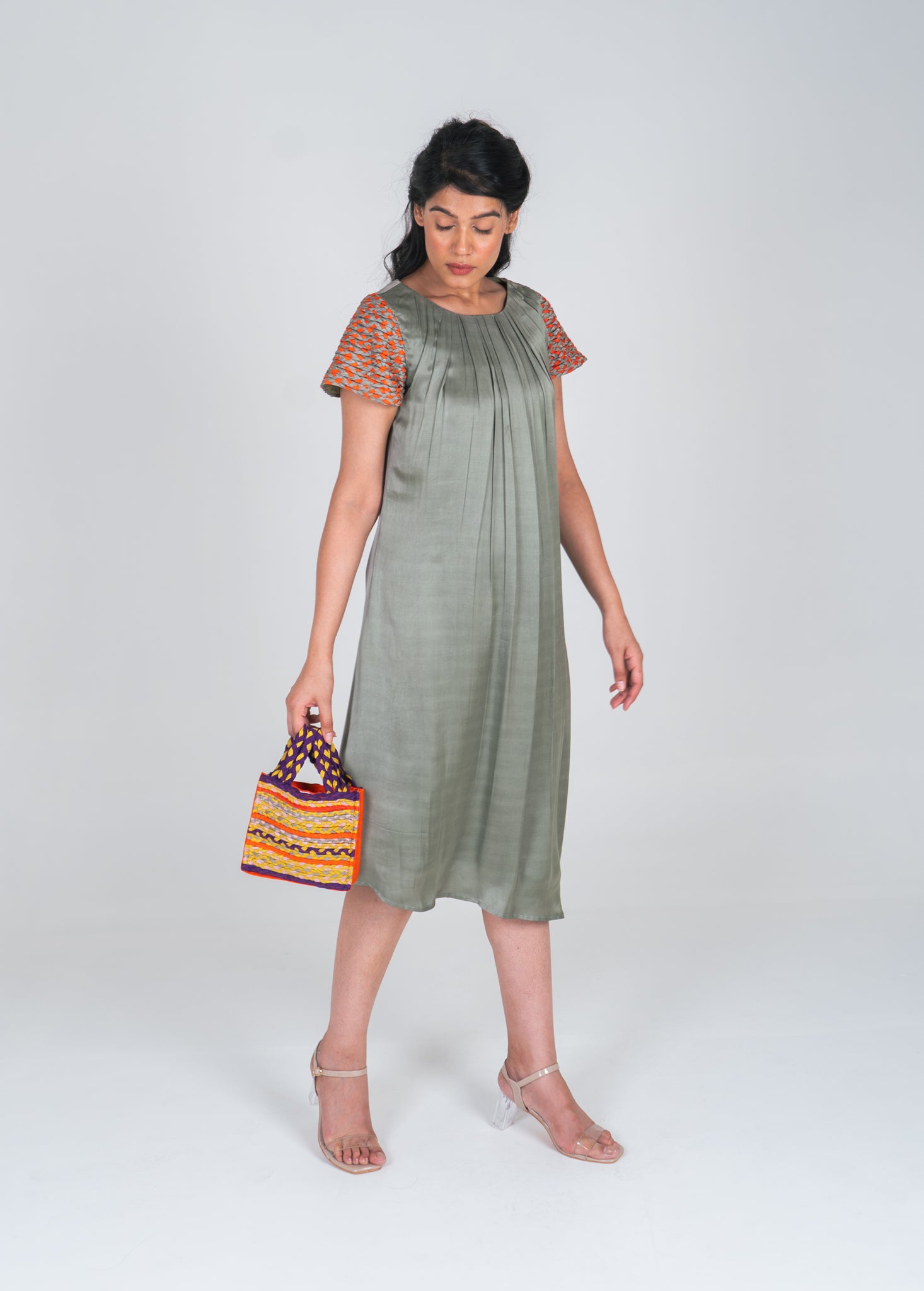 Green-Orange Braided Sleeve Midi Dress