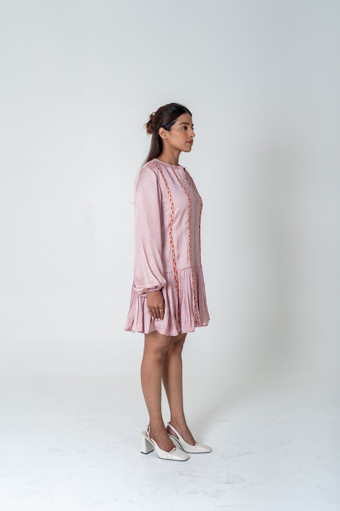 Pink-Orange Braided Short Gather Dress