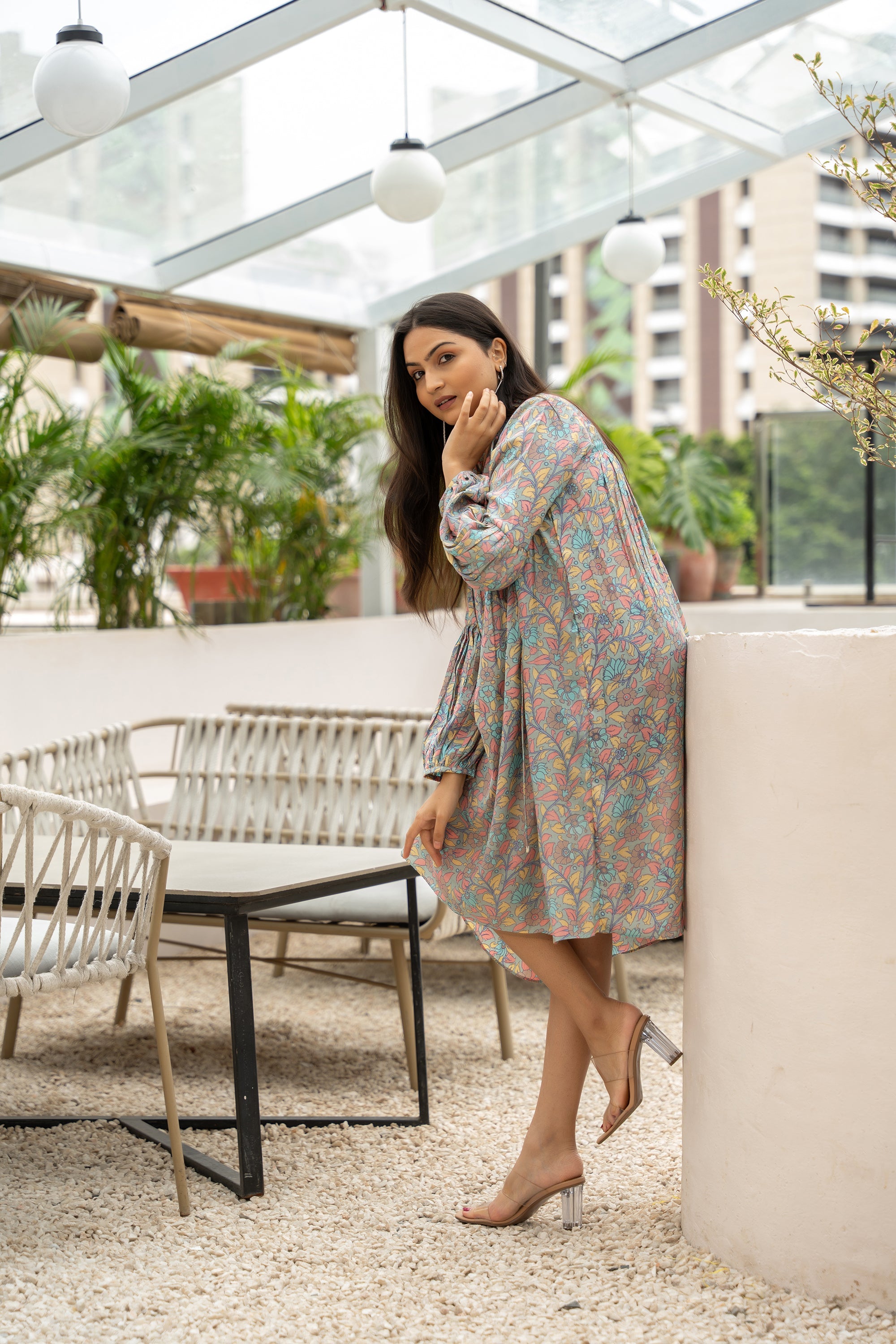 TURQUOISE FLORAL PRINTED SHORT DRESS