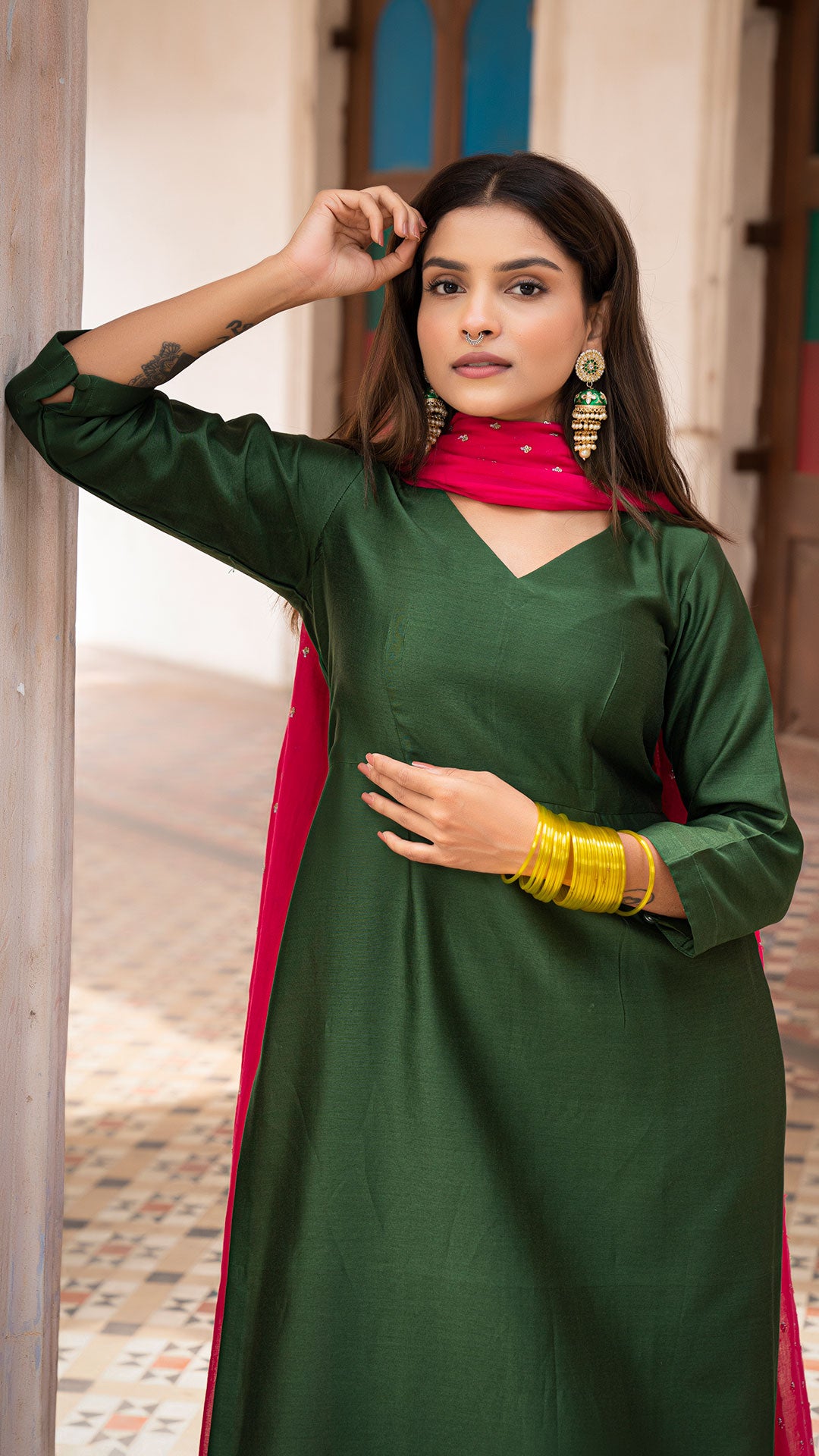 EERUM CHANDERI KURTA SET IN GREEN