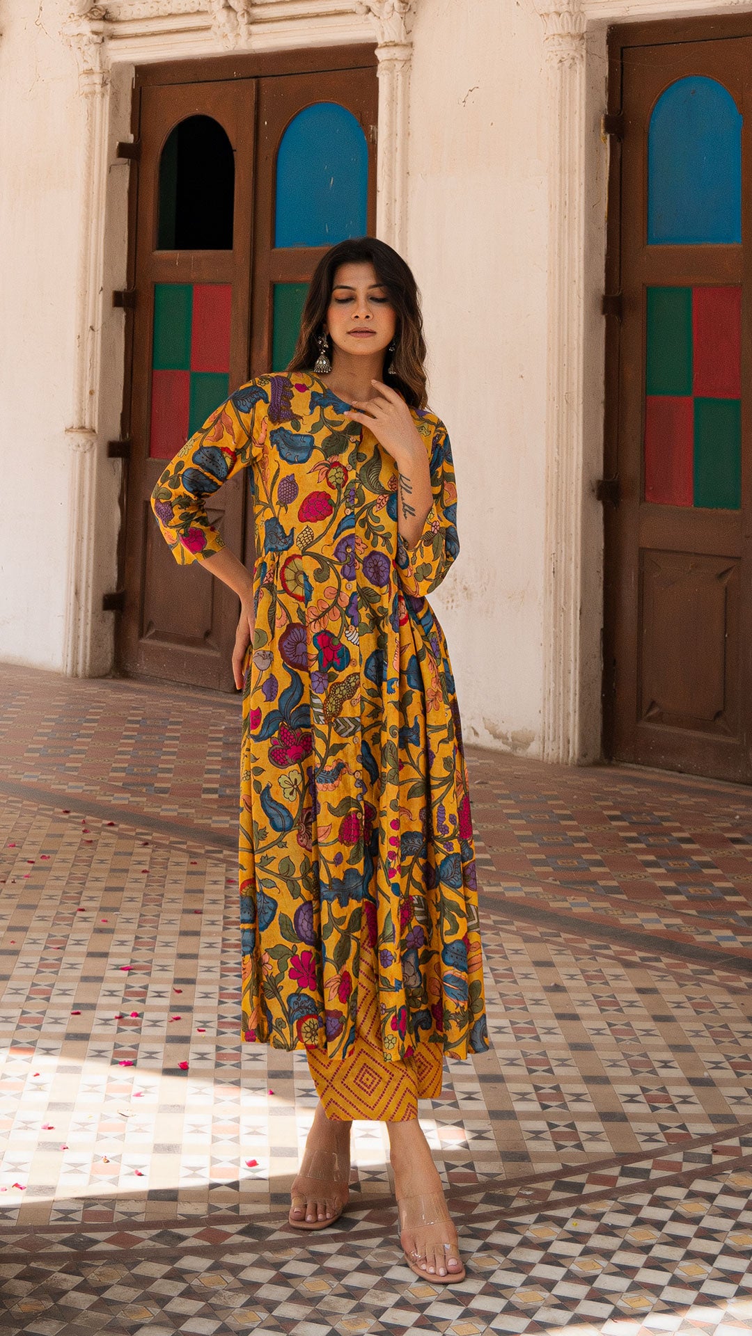 AISHA KALAMKARI KURTA SET - MUSTARD YELLOW