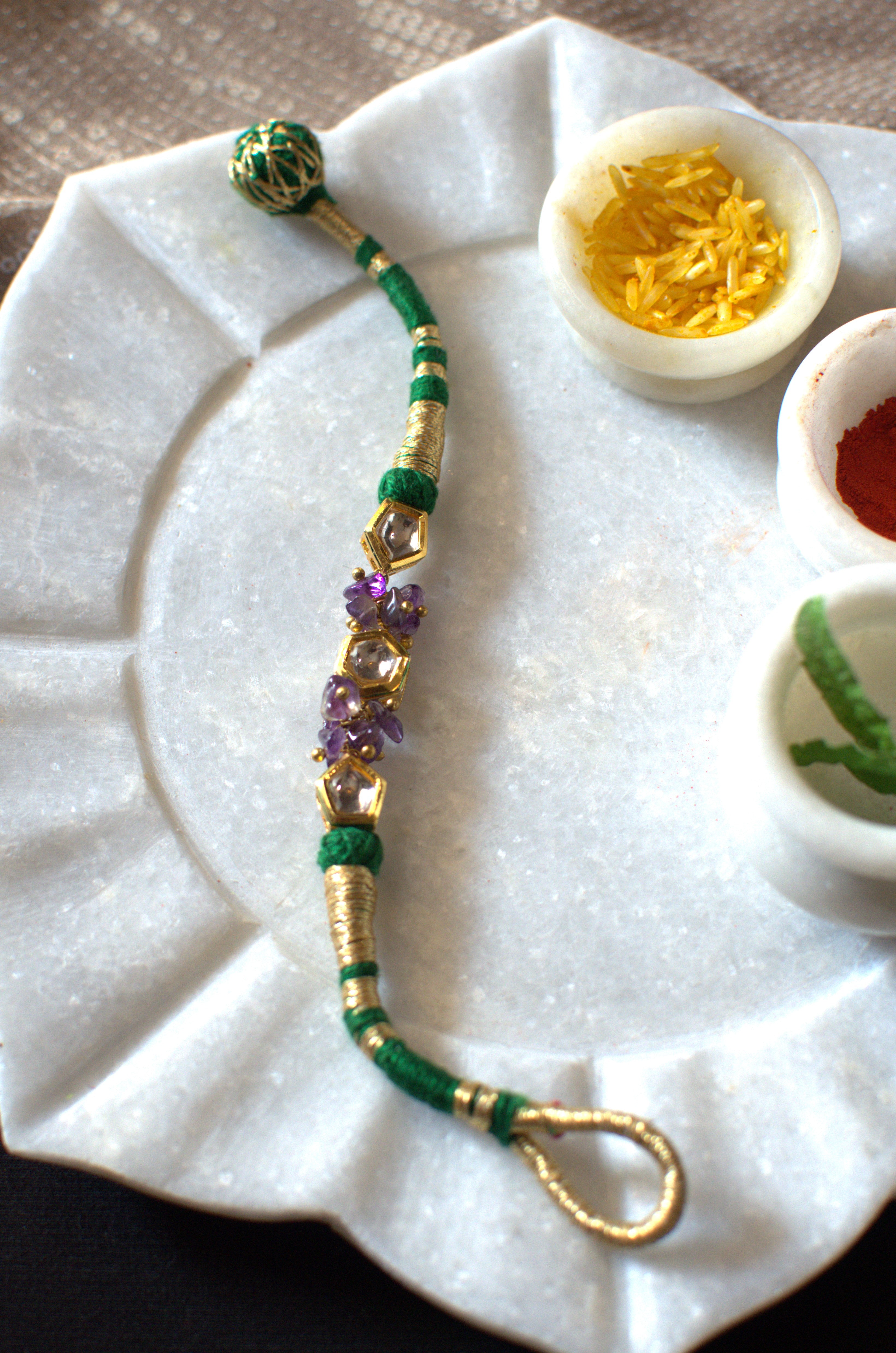 Amethyst green polki rakhi bracelet