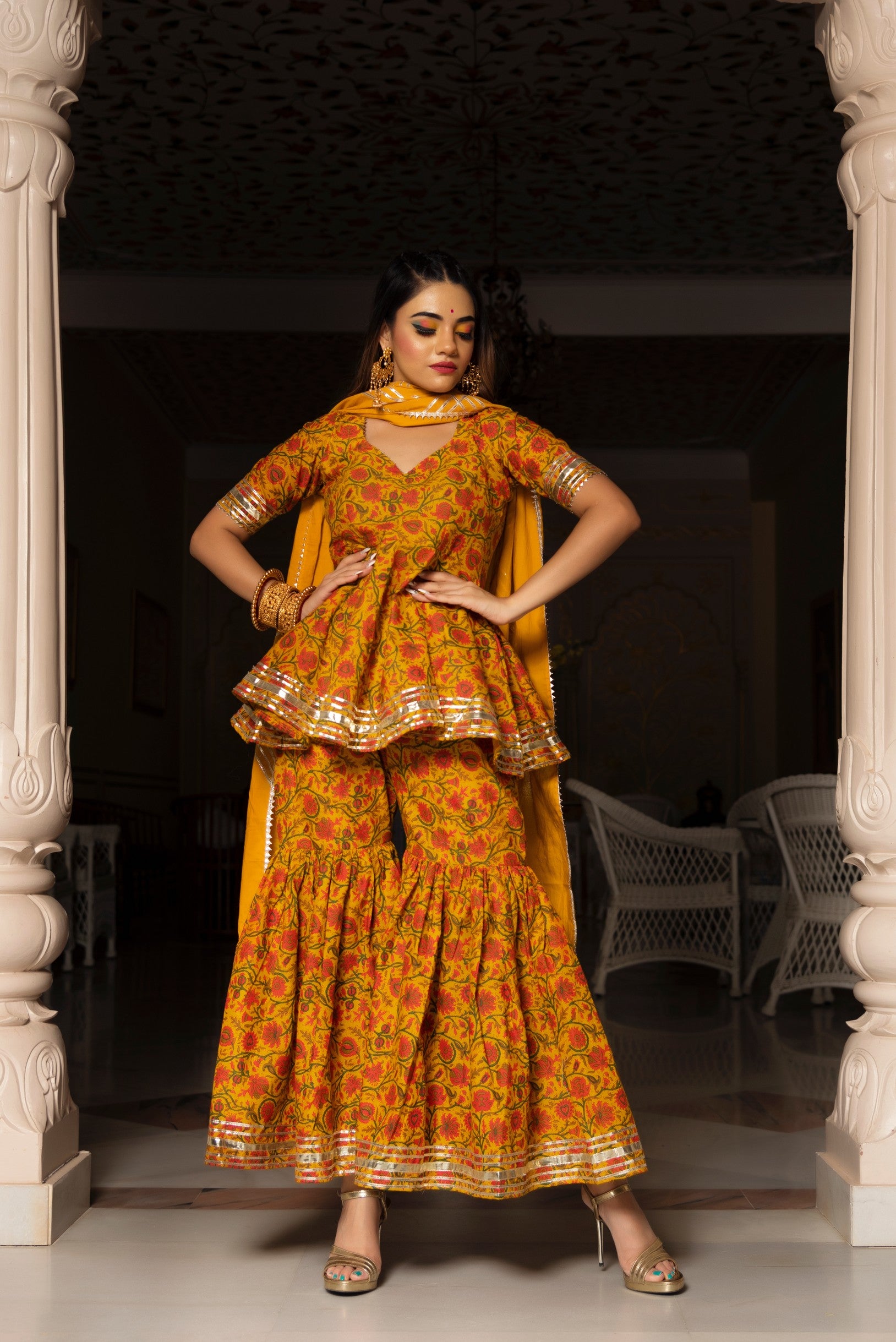 DARPAN MUSTARD  YELLOW HAND BLOCK COTTON  SHARARA SET