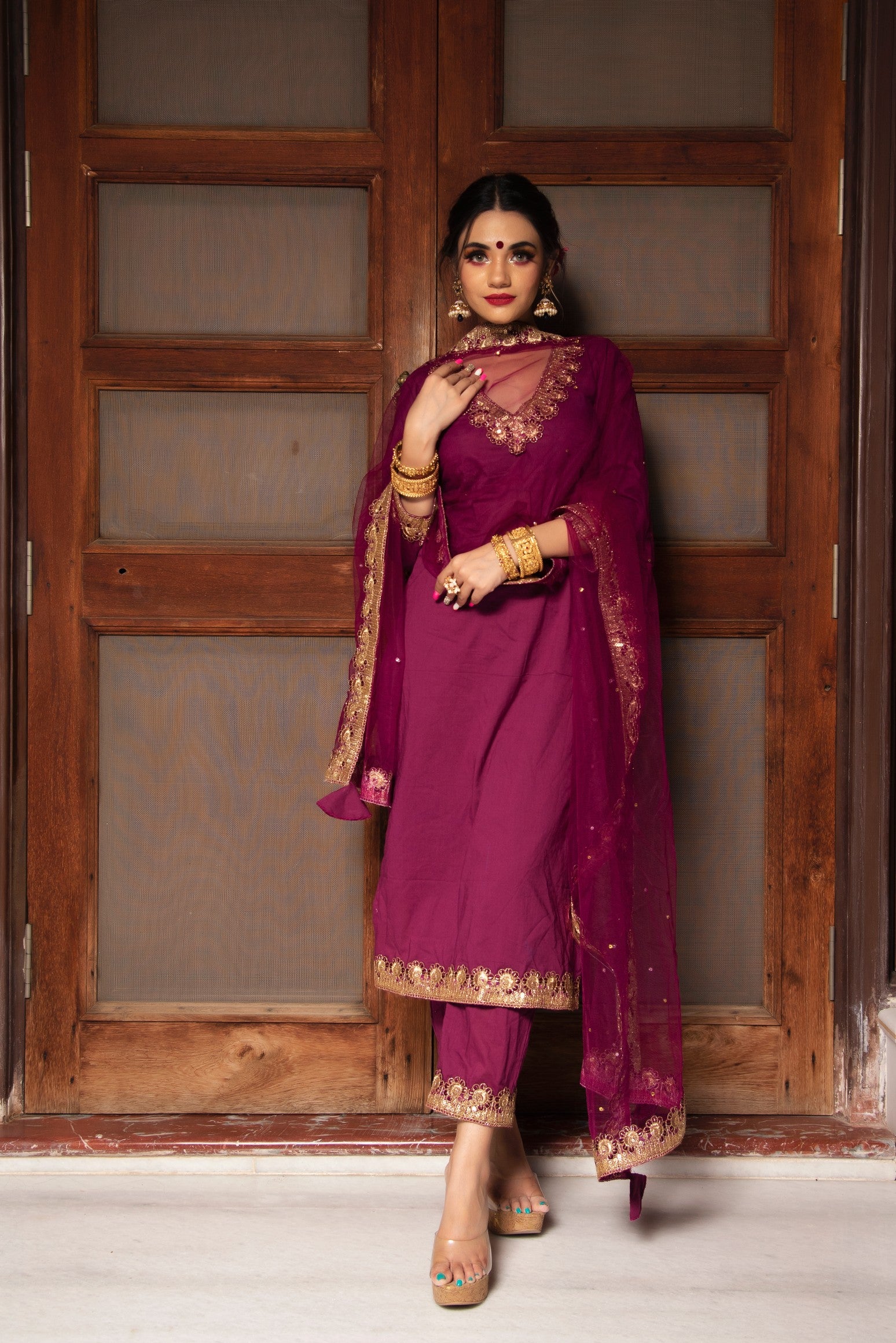 PLUM COTTON STRAIGHT KURTA SET.