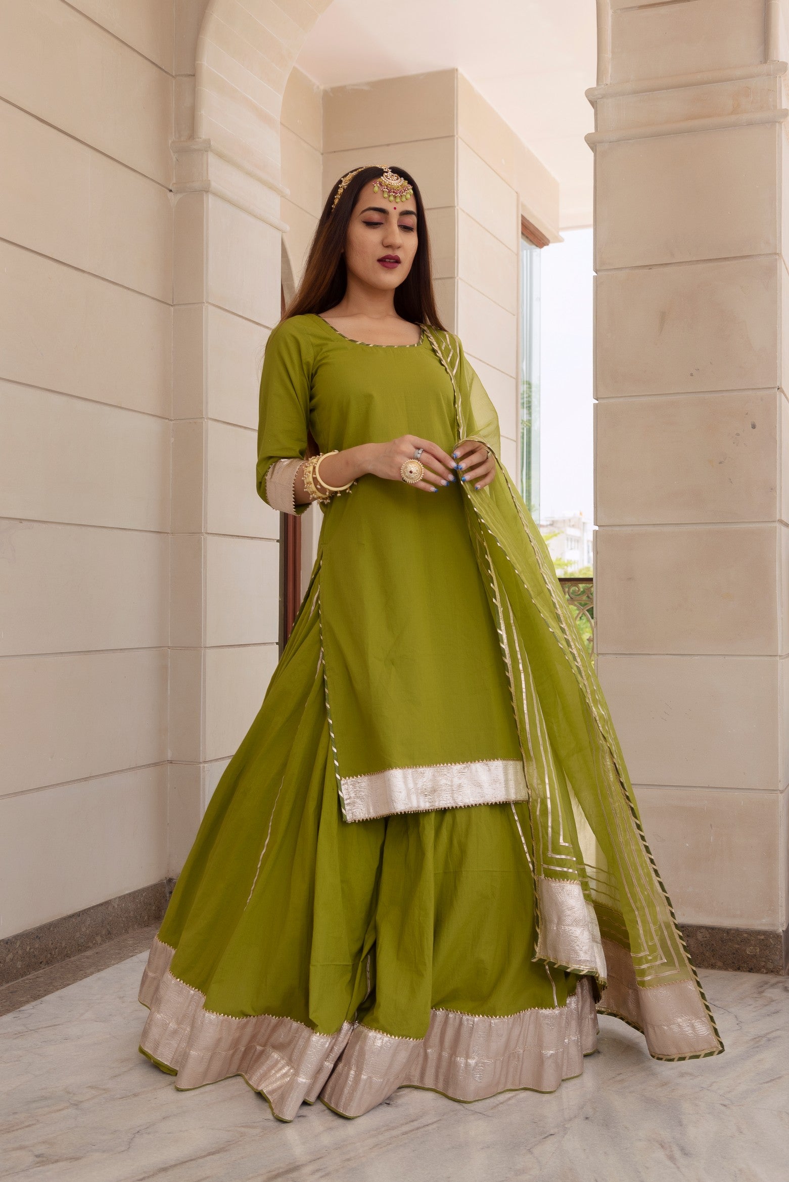 FALGUNI GREEN LONG KURTA SKIRT SET