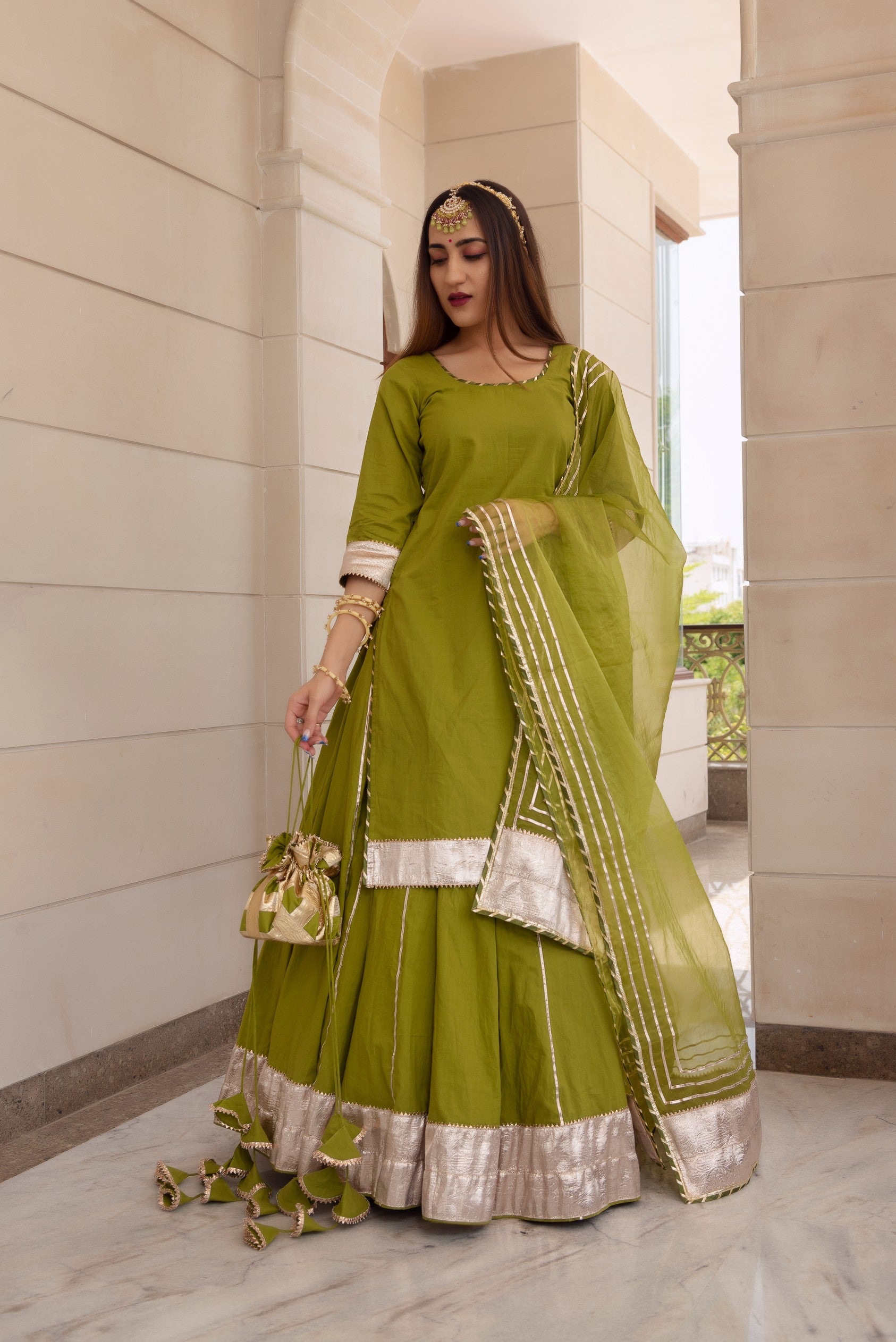 FALGUNI GREEN LONG KURTA SKIRT SET