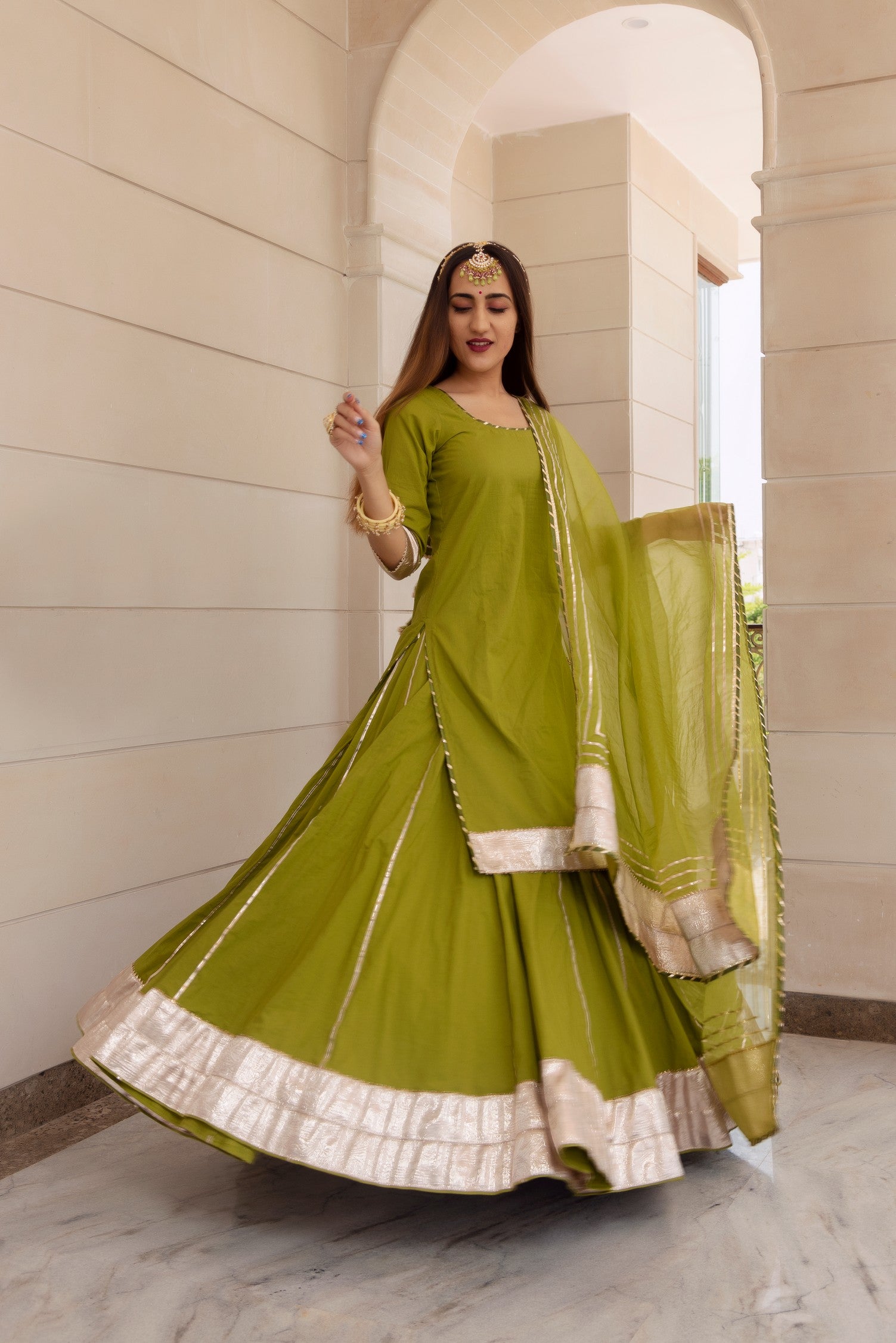 FALGUNI GREEN LONG KURTA SKIRT SET